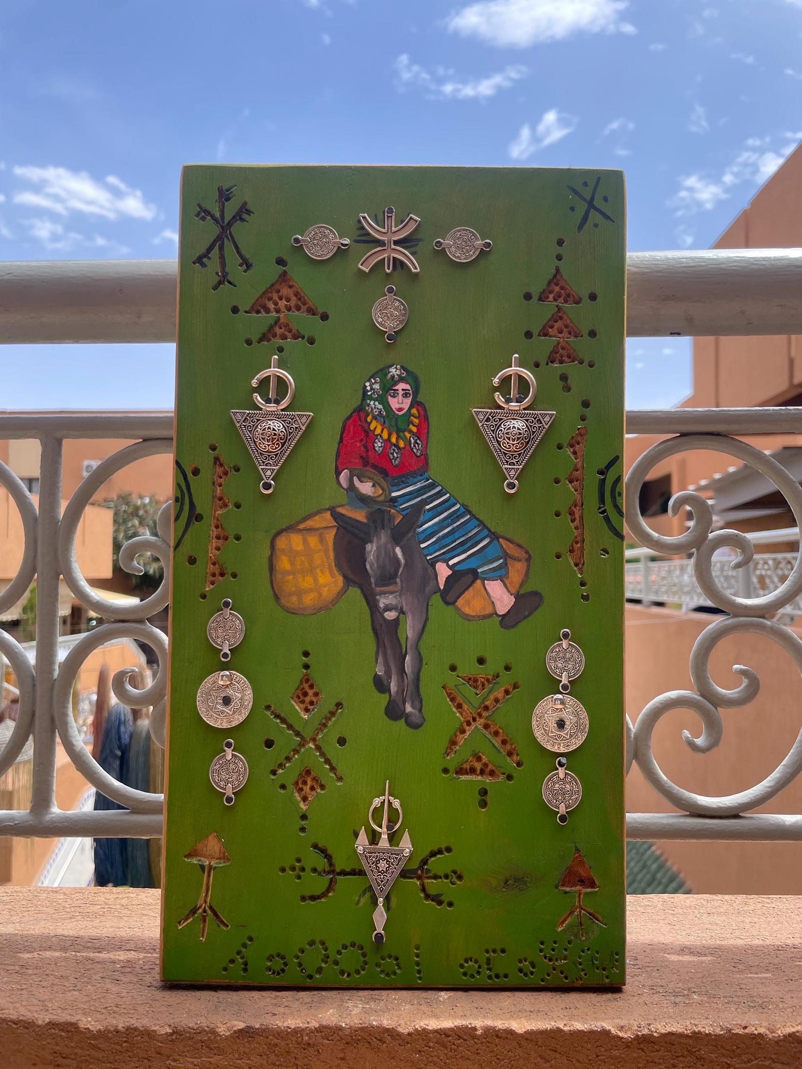 Berber Hand-Painted Wooden Donkey Market Scene Wall Art