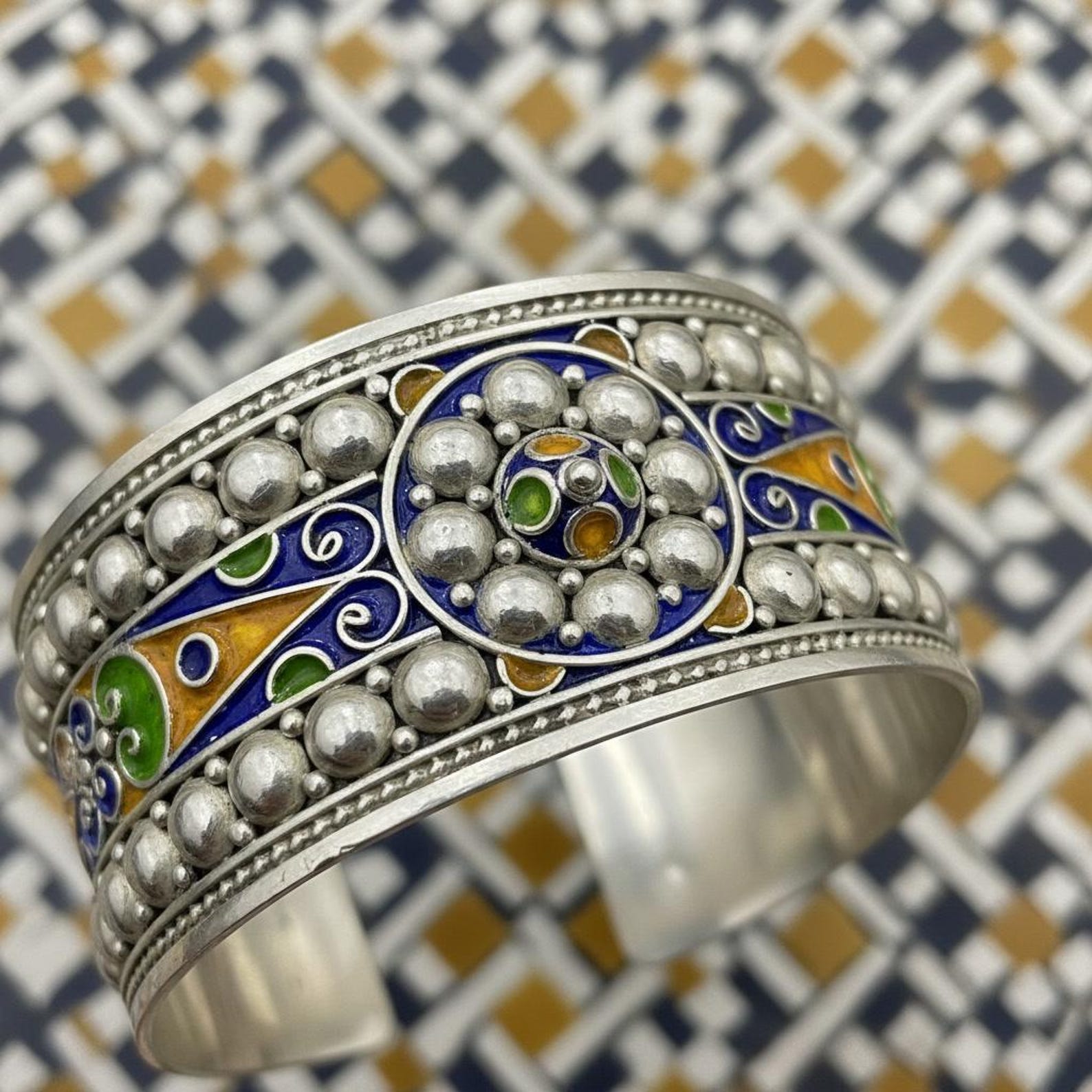 Berber Silver Cuff Handmade Jewelry Enamel Details Bracelet