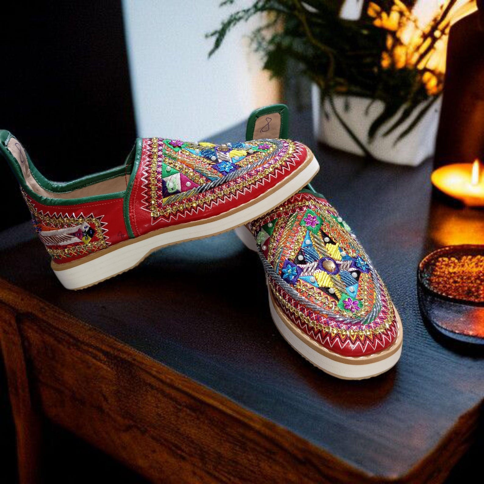 Berber Handcrafted Leather Babouche Shoes with Colorful Embroidery
