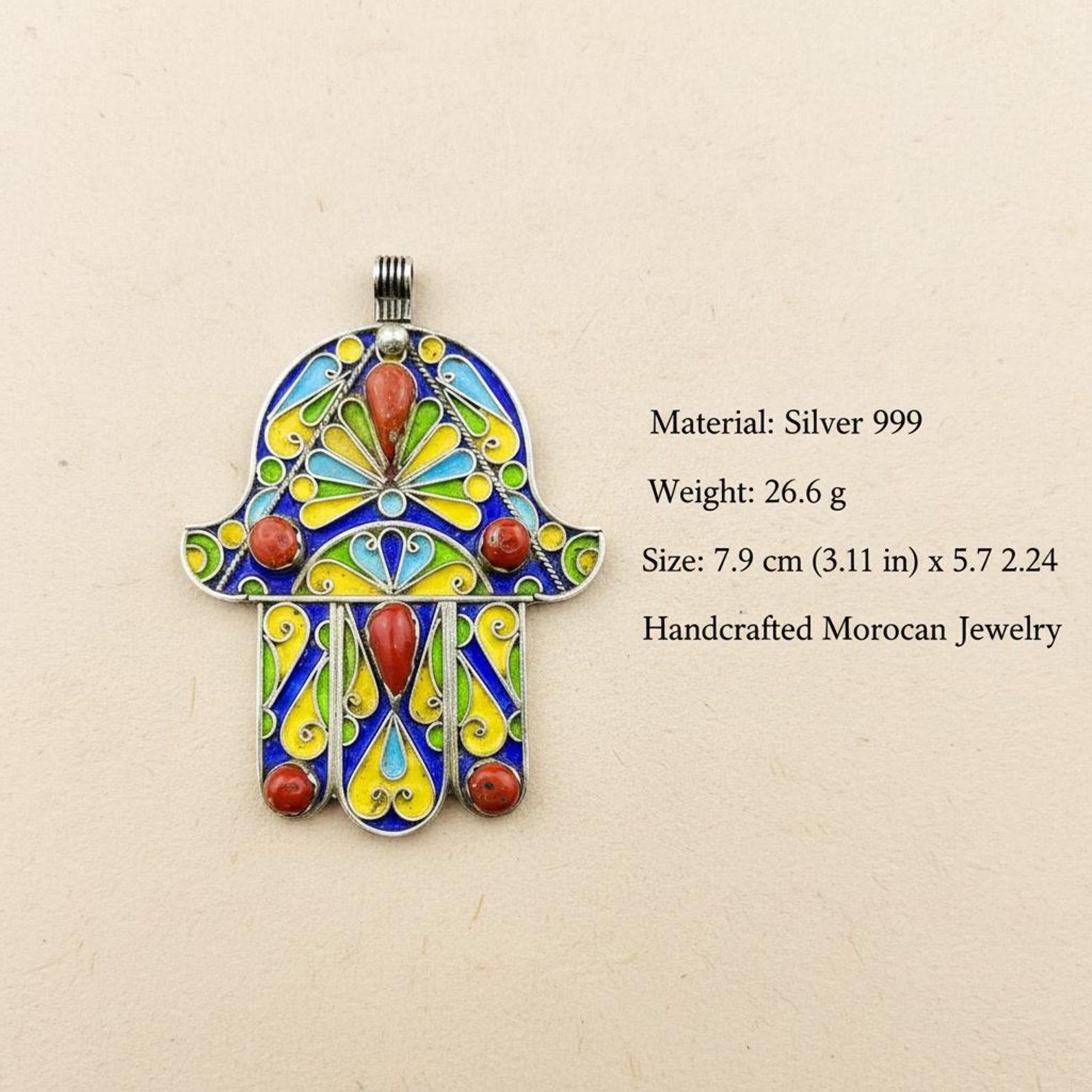 Berber Khamsa Pendant Silver Handmade Hamsa Red Necklace