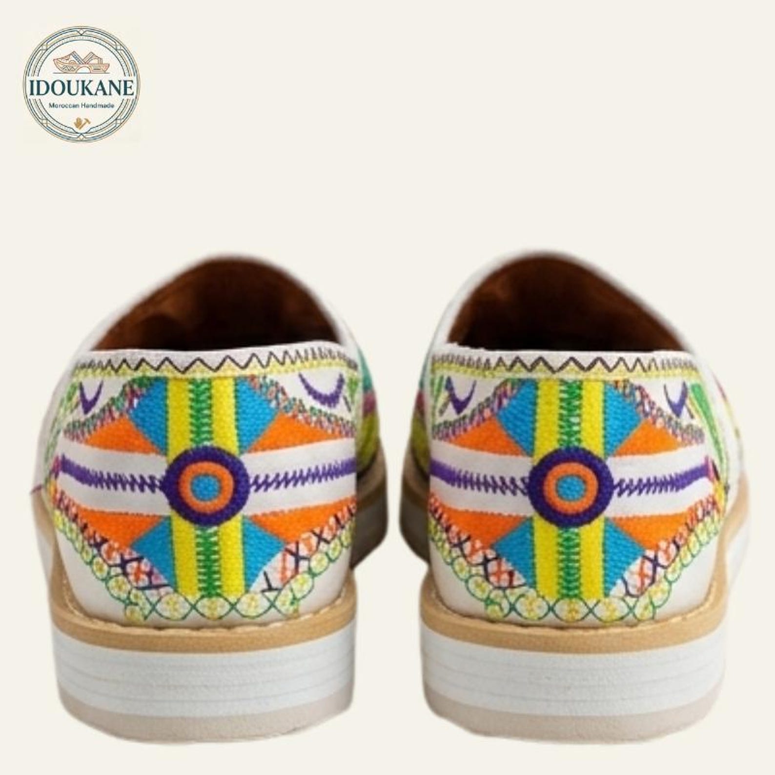 Amazigh White Handmade Leather Moccasin Shoes With Geometric Embroidery