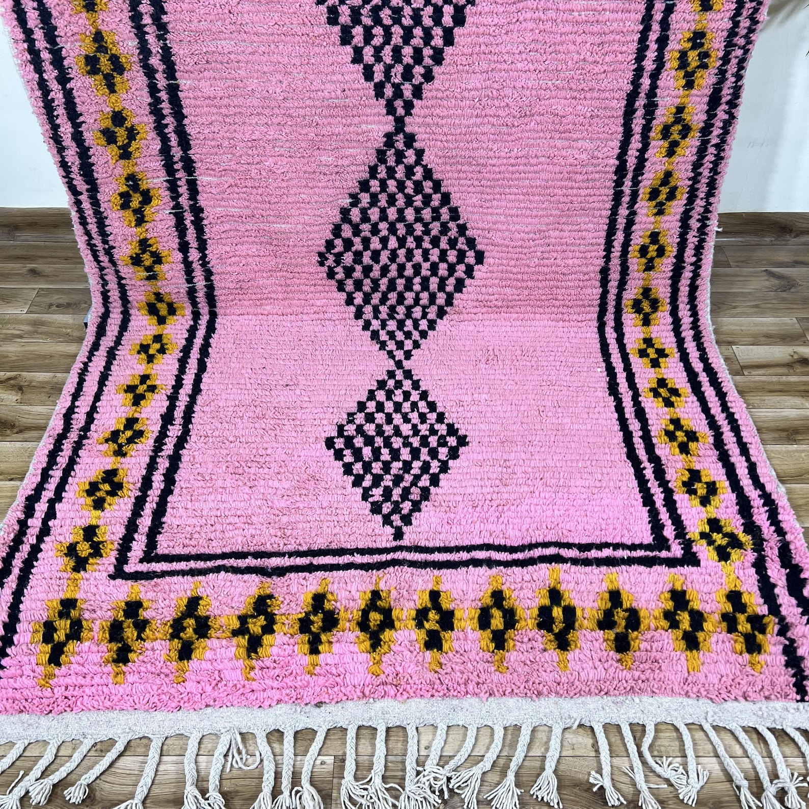 Amazigh Pink Cream Black Geometric Diamond Wool Rug