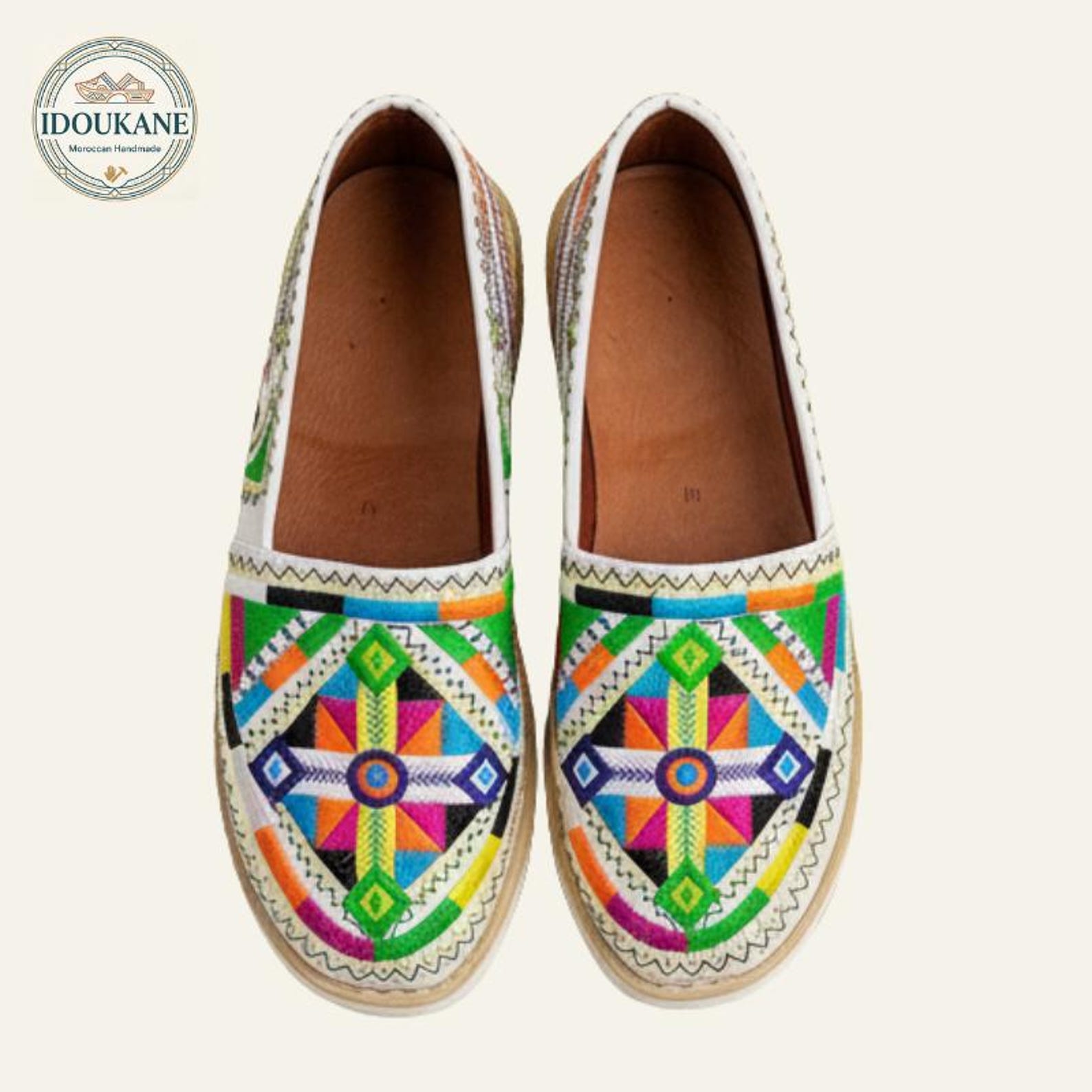 Amazigh White Handmade Leather Moccasin Shoes With Geometric Embroidery