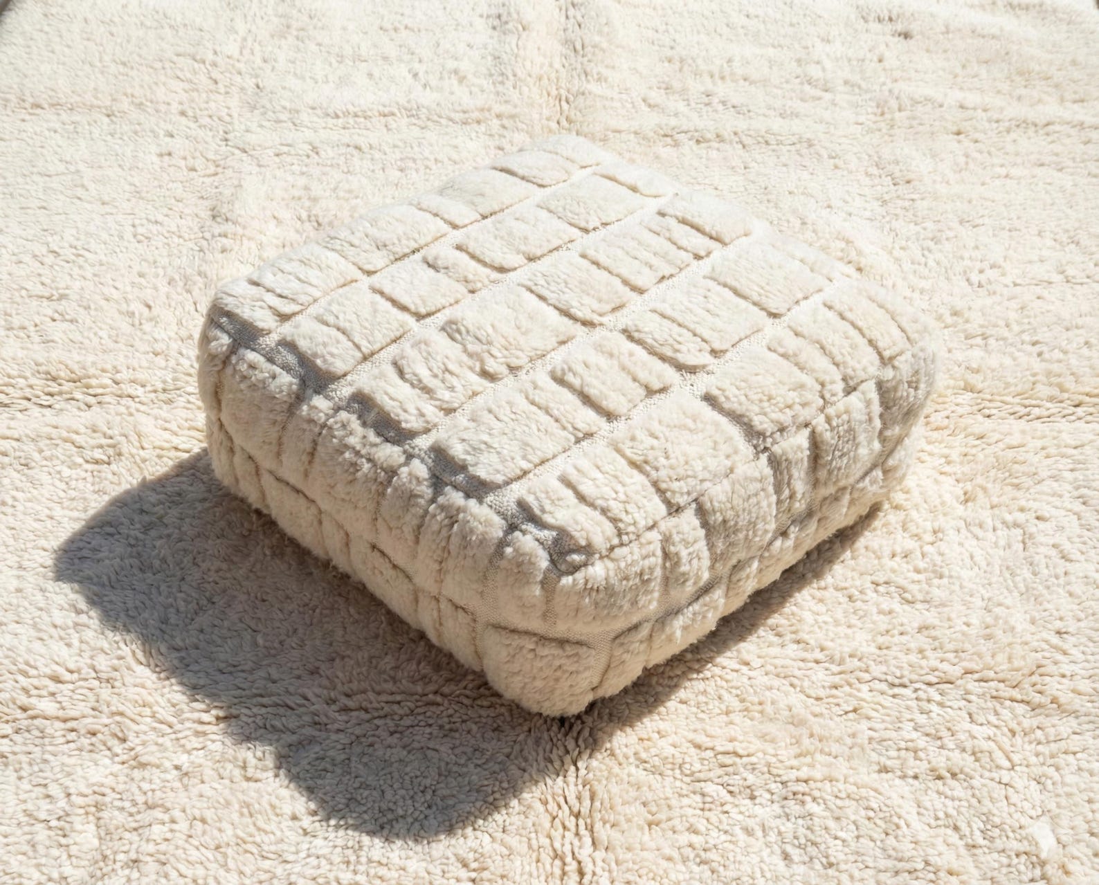 Berber Beni Ourain Square Cover White Wool Pouf