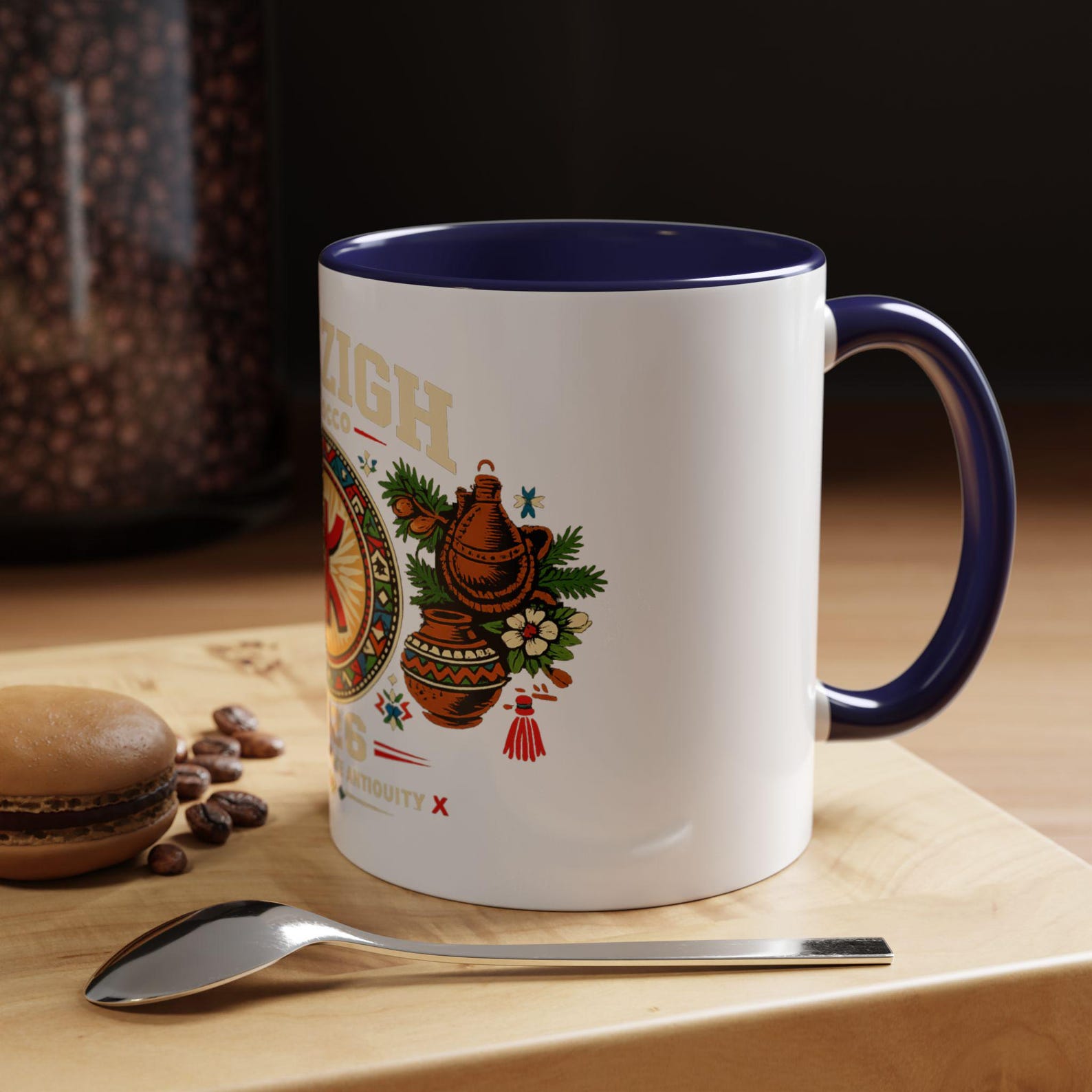 Berber Symbol Coffee Ceramic Accent Handle White Mug