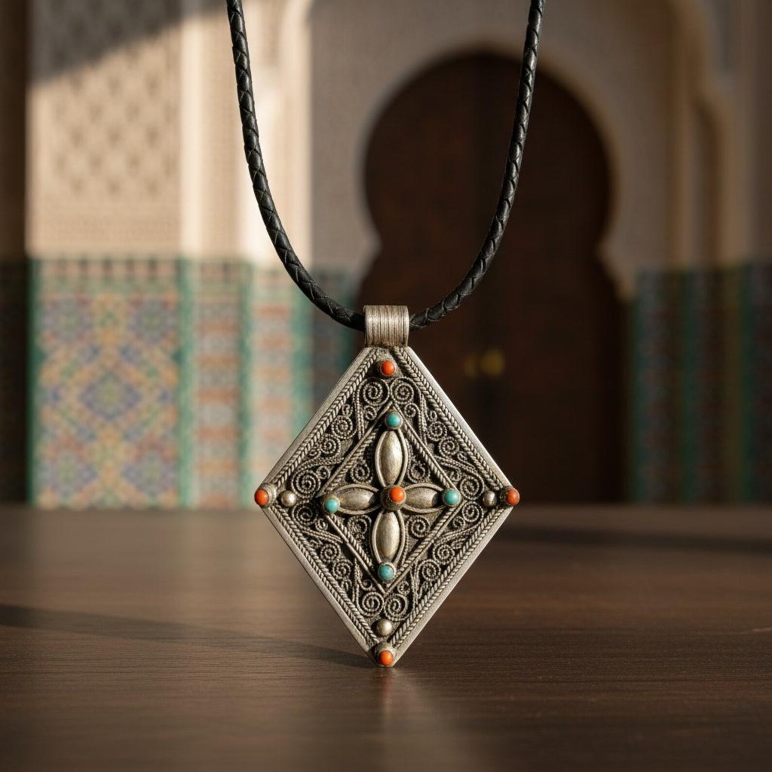Amazigh Silver Pendant Coral Stone Handmade Jewelry Necklace