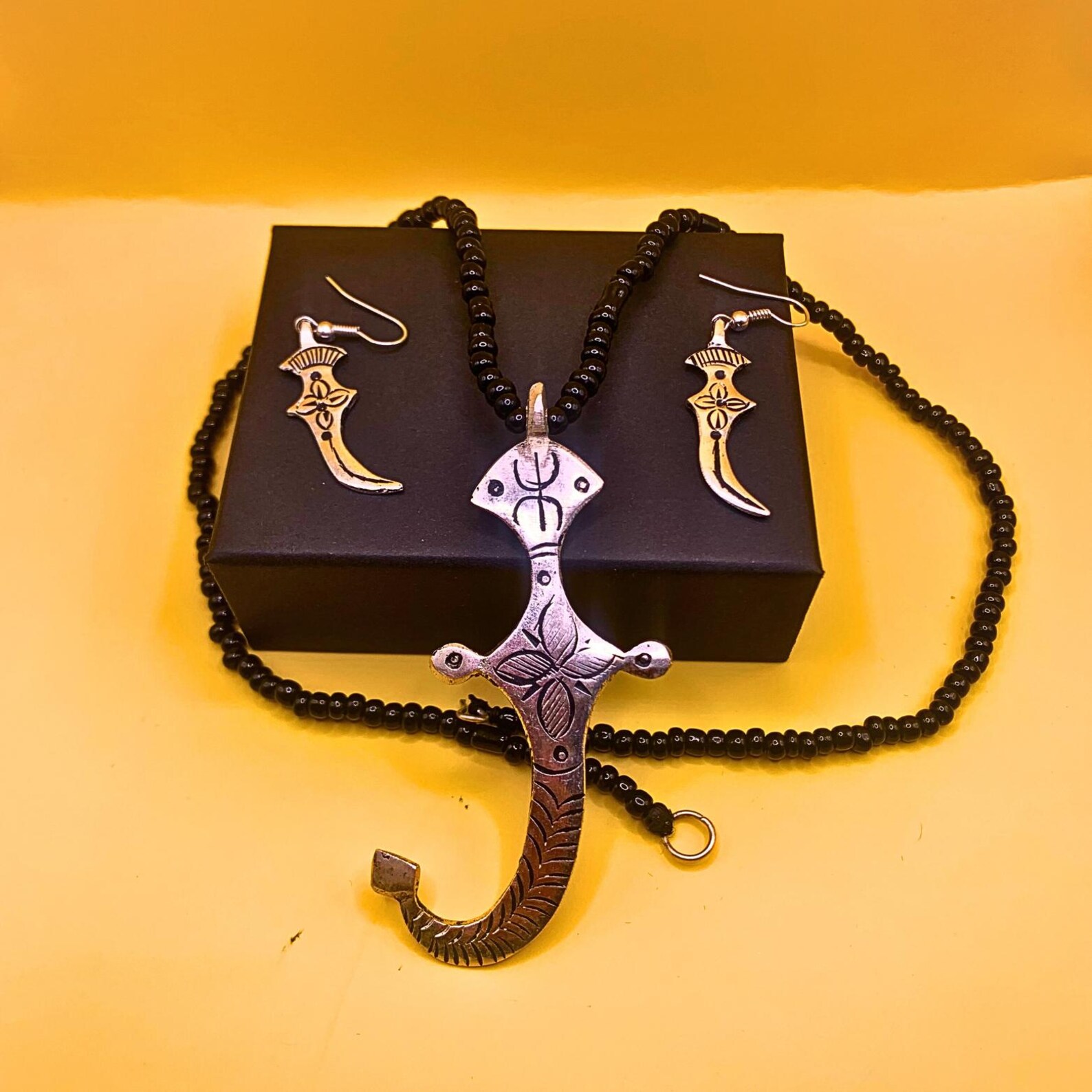 Handmade Berber Tuareg Dagger Jewelry Set with Necklace and Earrings