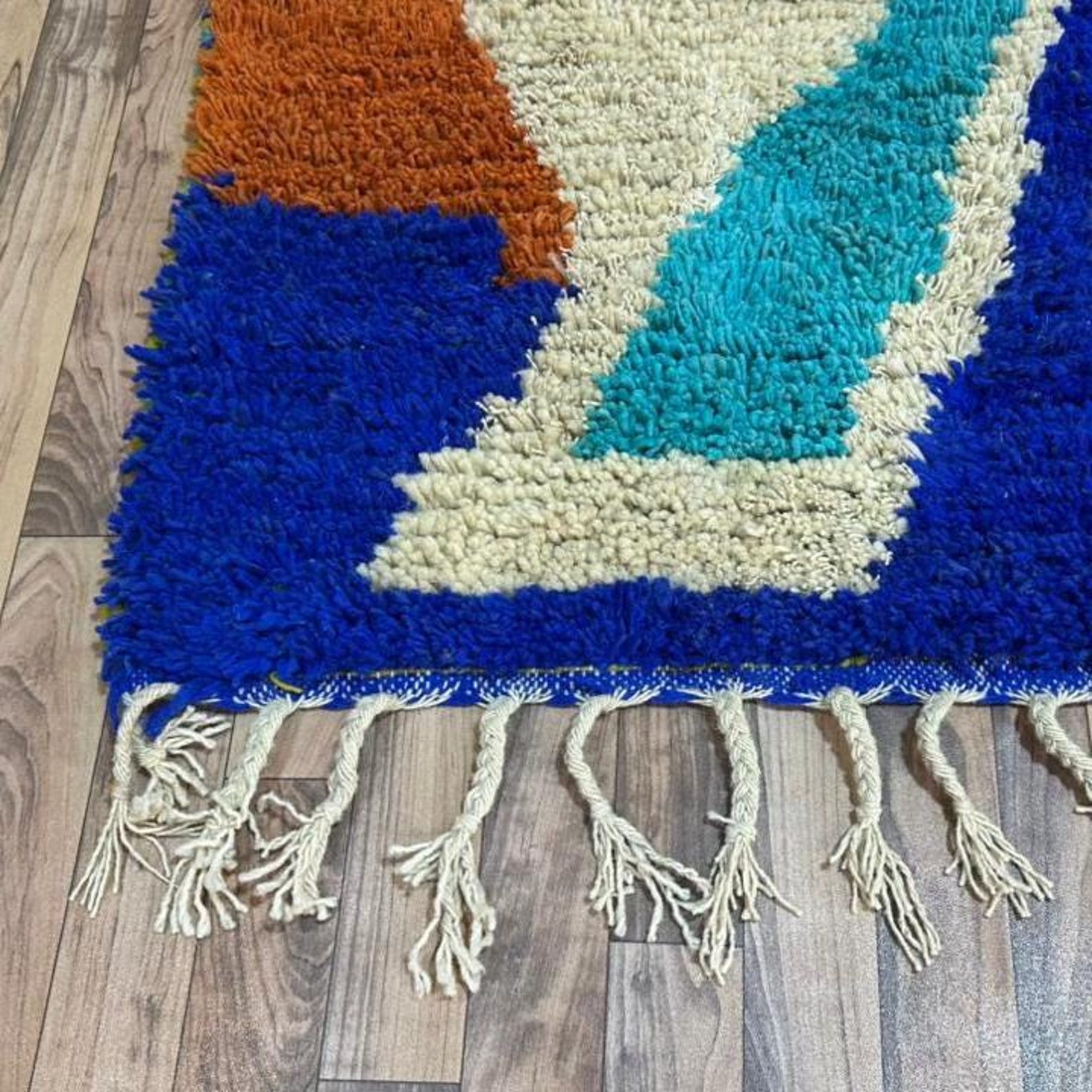 Amazigh Berber Terracotta Blue Handwoven Natural Wool Modern Rug
