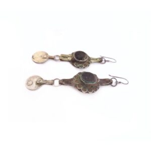 Berber Antique Silver Glass Coin Earrings with Design