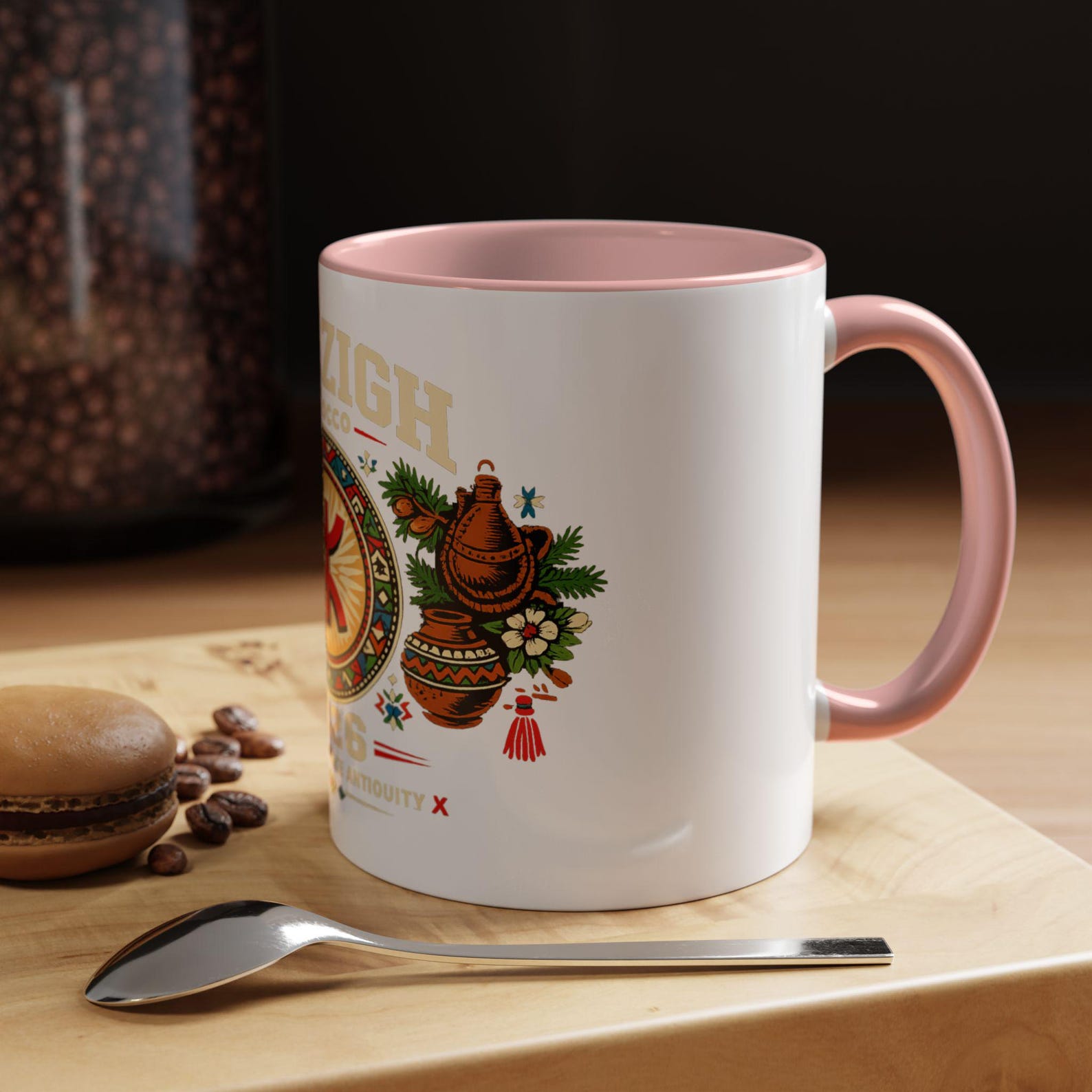 Berber Symbol Coffee Ceramic Accent Handle White Mug