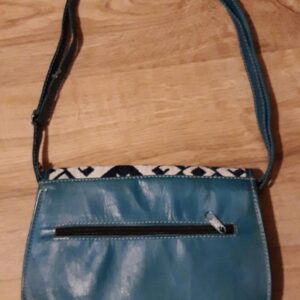 Teal Leather Tunisian Handbag with Amazigh Motifs Shoulder Bag