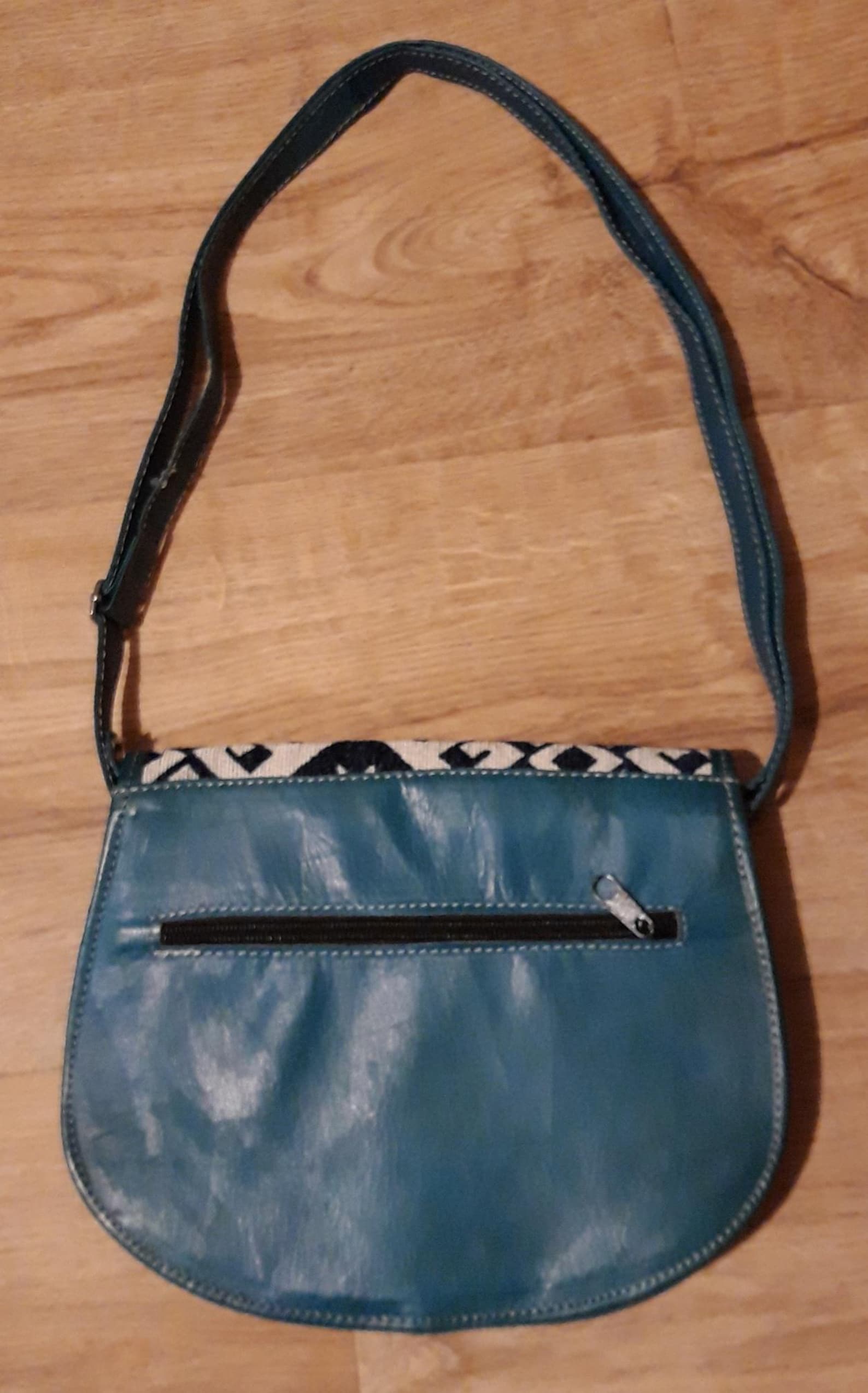 Teal Leather Tunisian Handbag with Amazigh Motifs Shoulder Bag