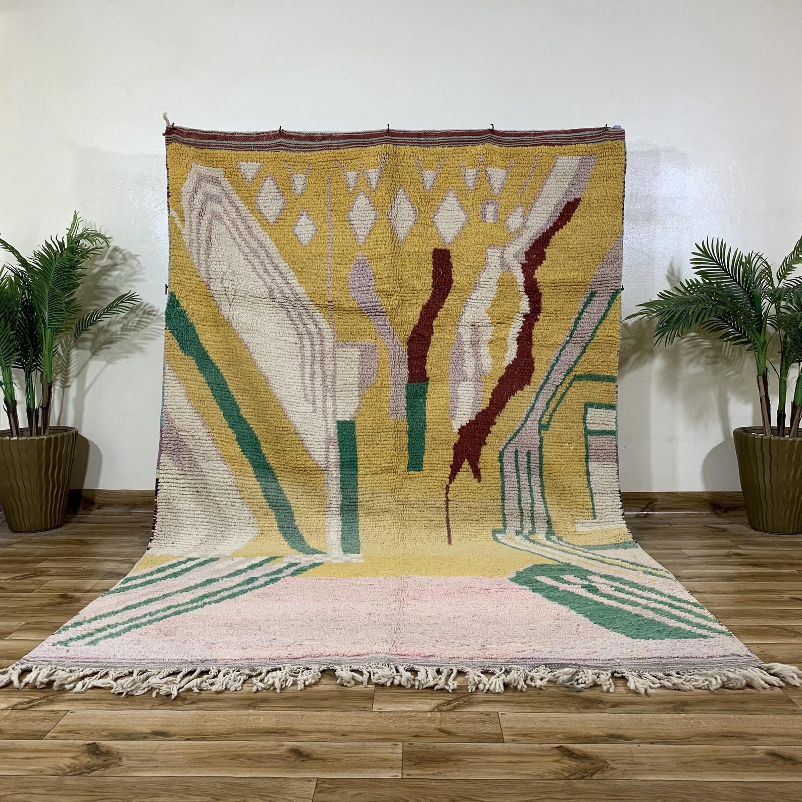 Amazigh Wool Mustard Yellow Cream Abstract Forest Green Rug