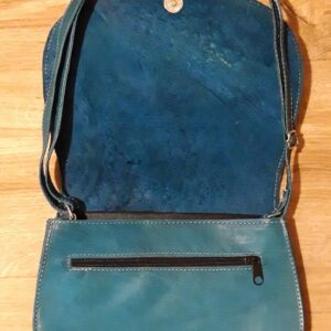Teal Leather Tunisian Handbag with Amazigh Motifs Shoulder Bag