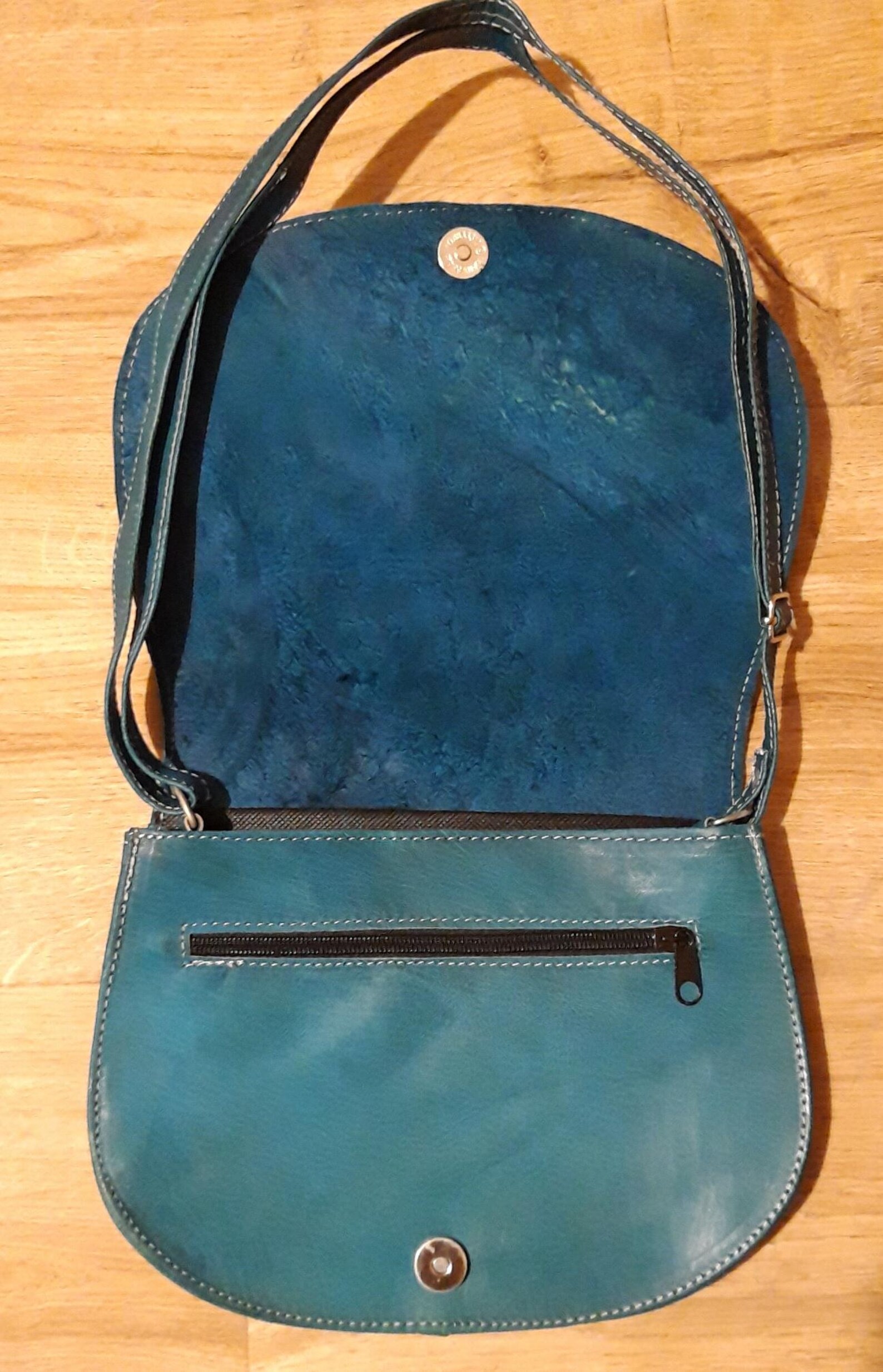 Teal Leather Tunisian Handbag with Amazigh Motifs Shoulder Bag