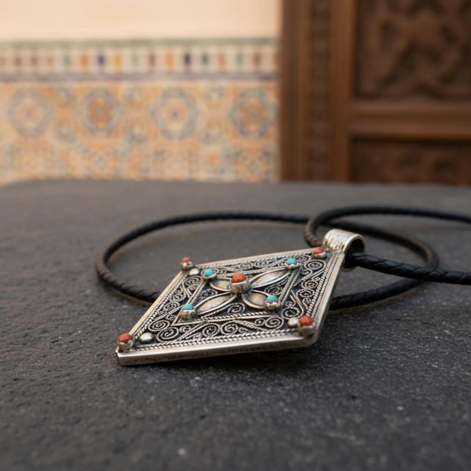 Amazigh Silver Pendant Coral Stone Handmade Jewelry Necklace