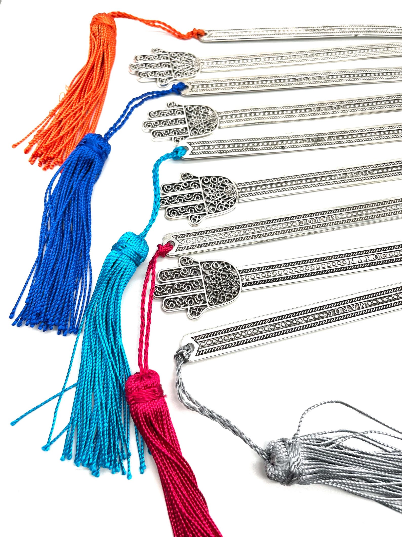 Amazigh Handmade Silver-Tone Hamsa Metal Bookmark with Silk Tassel