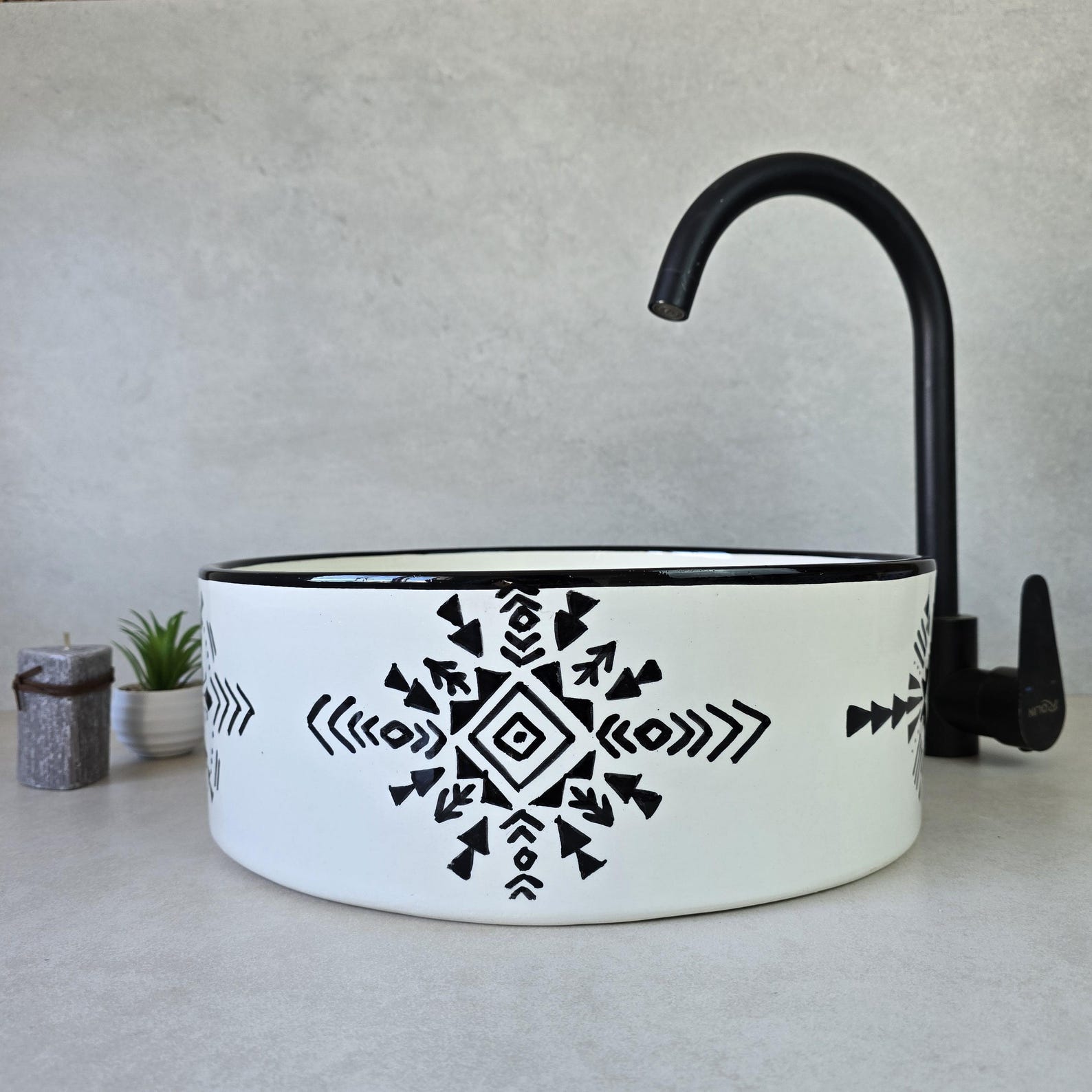 Berber Ceramic Sink with Symbols Artisan Ceramic Piece