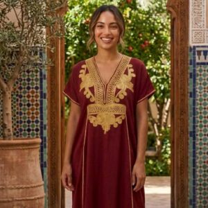 Berber Embroidered Gandoura Dress Burgundy Boho Maxi Kaftan