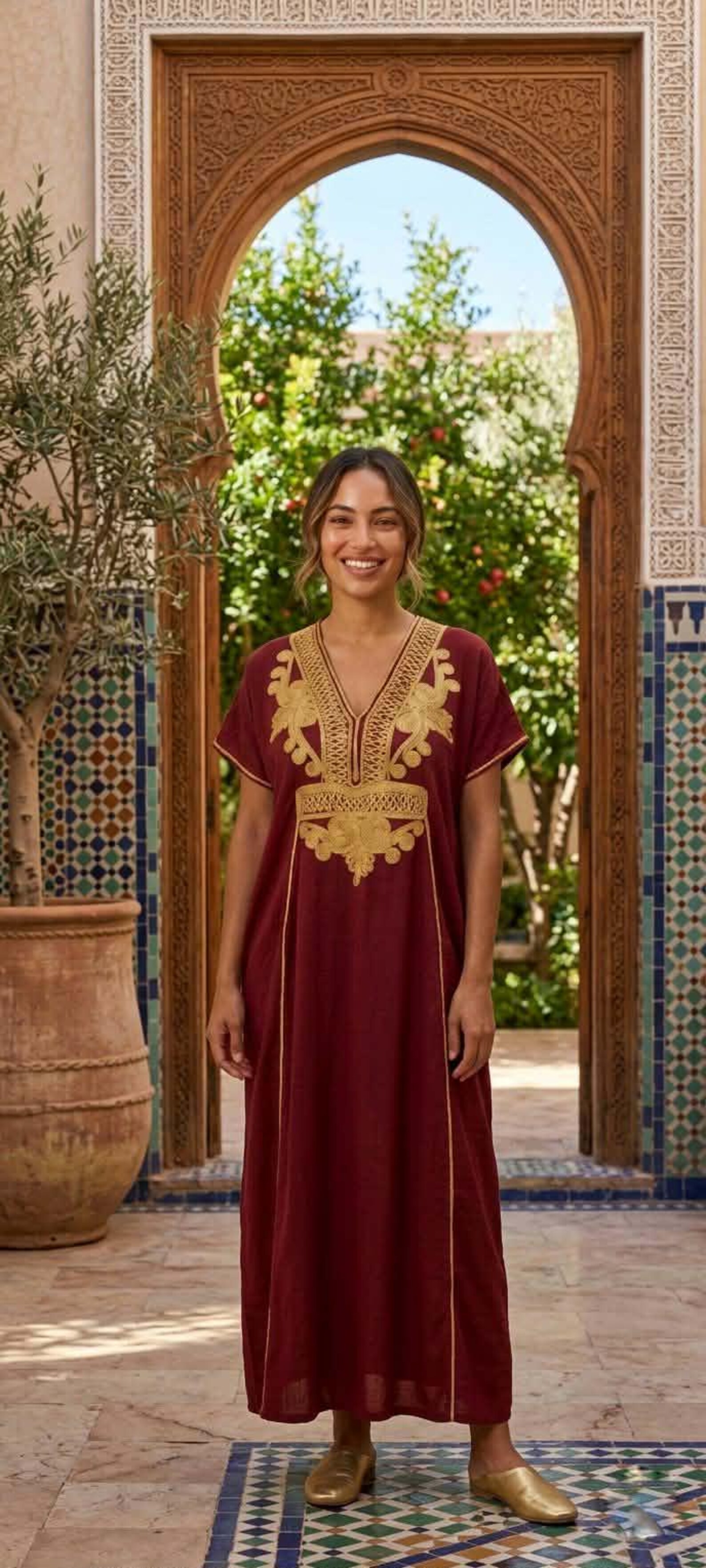 Berber Embroidered Gandoura Dress Burgundy Boho Maxi Kaftan