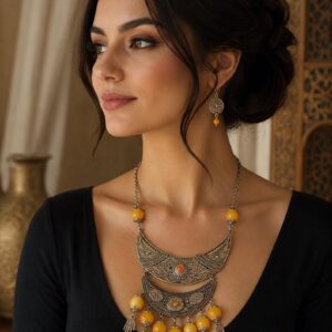 Amazigh Handmade Statement Yellow Beads Hamsa Charms Necklace