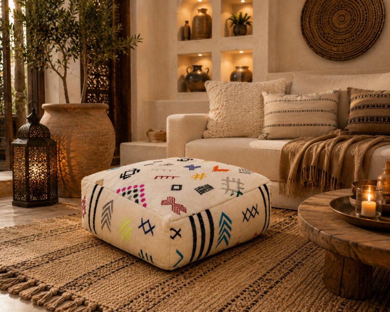 Berber Embroidered Boho Floor Cushion Colorful Tribal Pouf