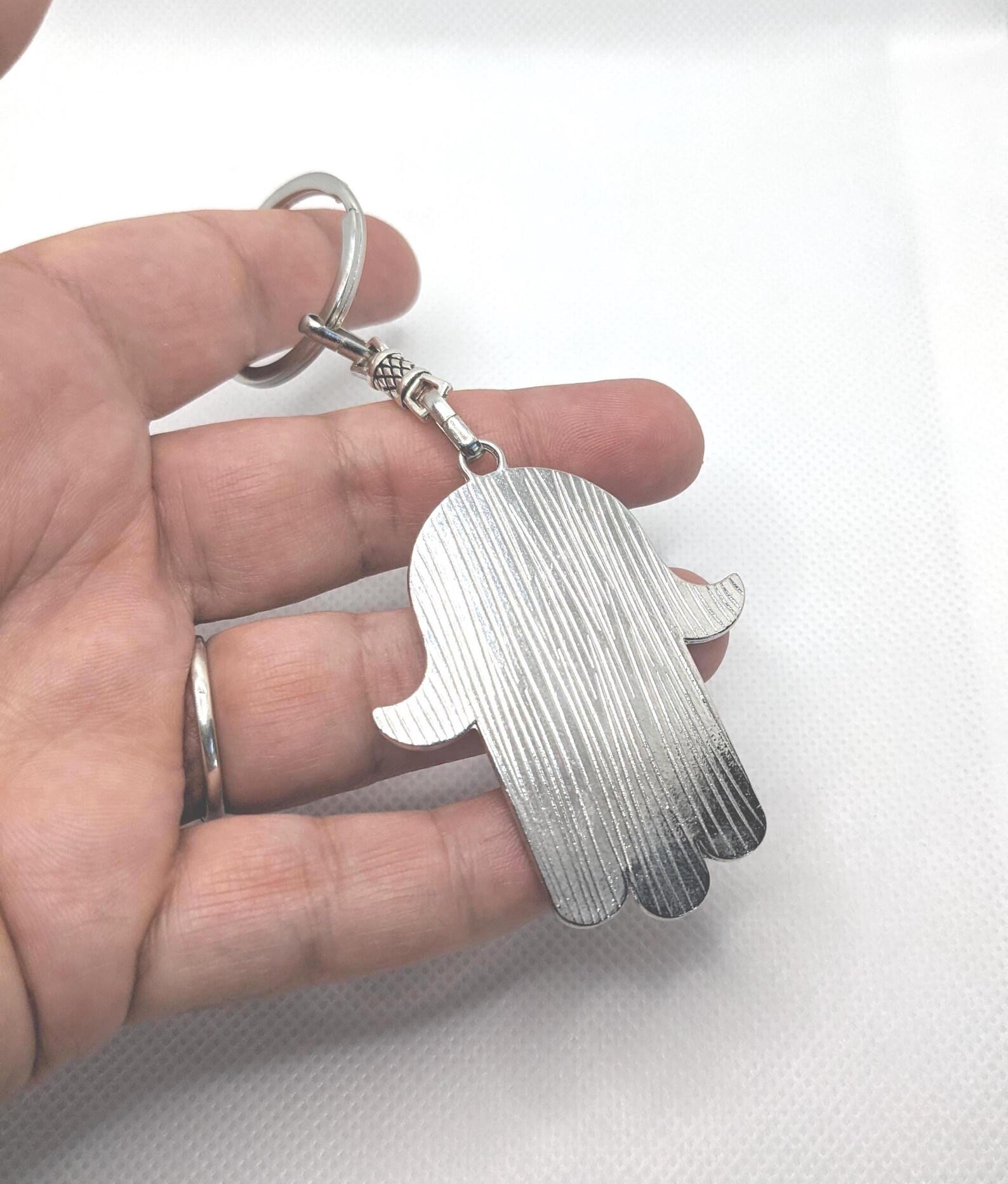 Amazigh Kabyle Khamsa Enameled Silver-Tone Alloy Keychain with Steel Ring