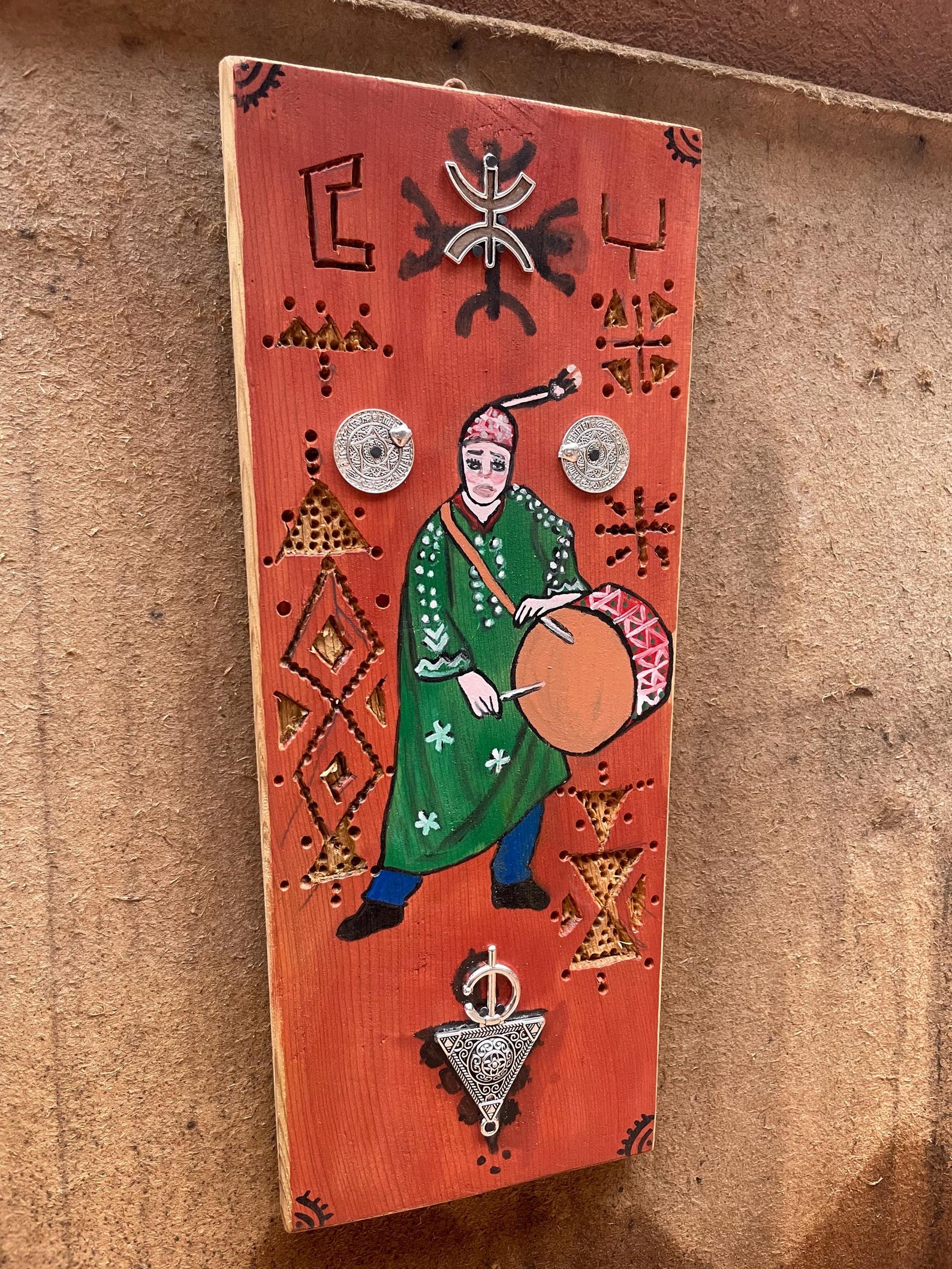 Berber Hand-Painted Wooden Musician Drum Wall Art Decor