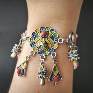 Handmade Amazigh Berber Kabyle Coral Enamel Charm Adjustable Stainless Steel Bracelet