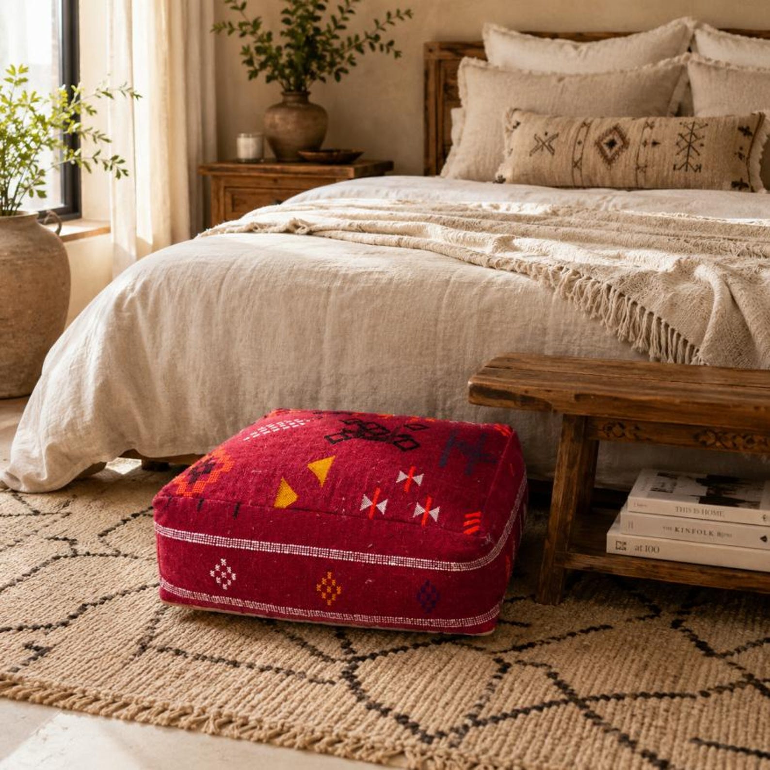 Berber Handmade Red Kilim Boho Square Floor Pouf