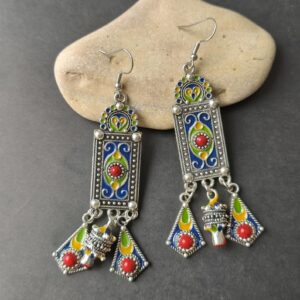 Traditional Kabyle Amazigh Berbères Three-Charm Colorful Dangle Earrings