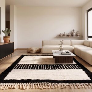 Custom Amazigh Berber Black and Ivory Wool Living Room Rug