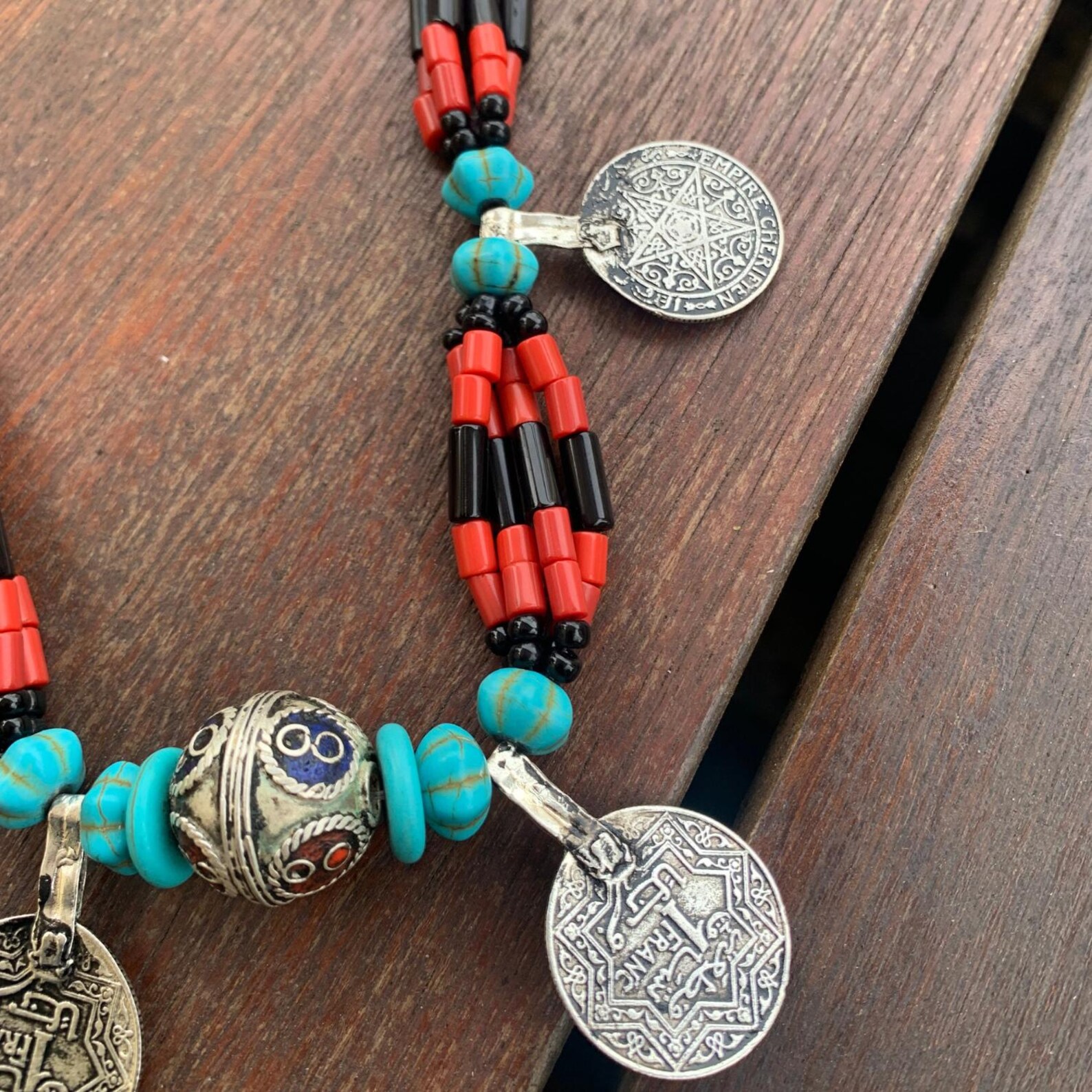 Berber Coral Turquoise Antique Coin Handmade Statement Necklace