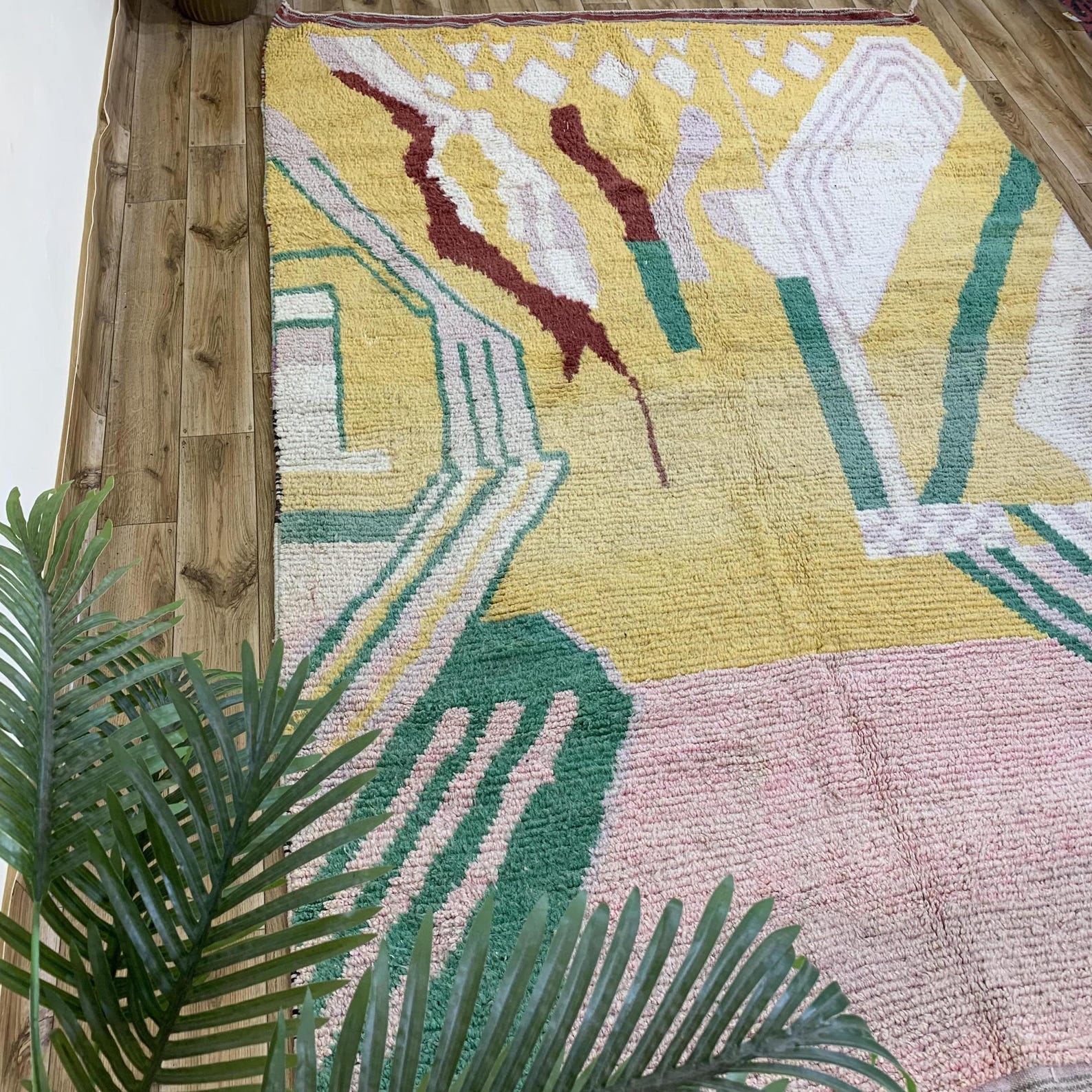 Amazigh Wool Mustard Yellow Cream Abstract Forest Green Rug