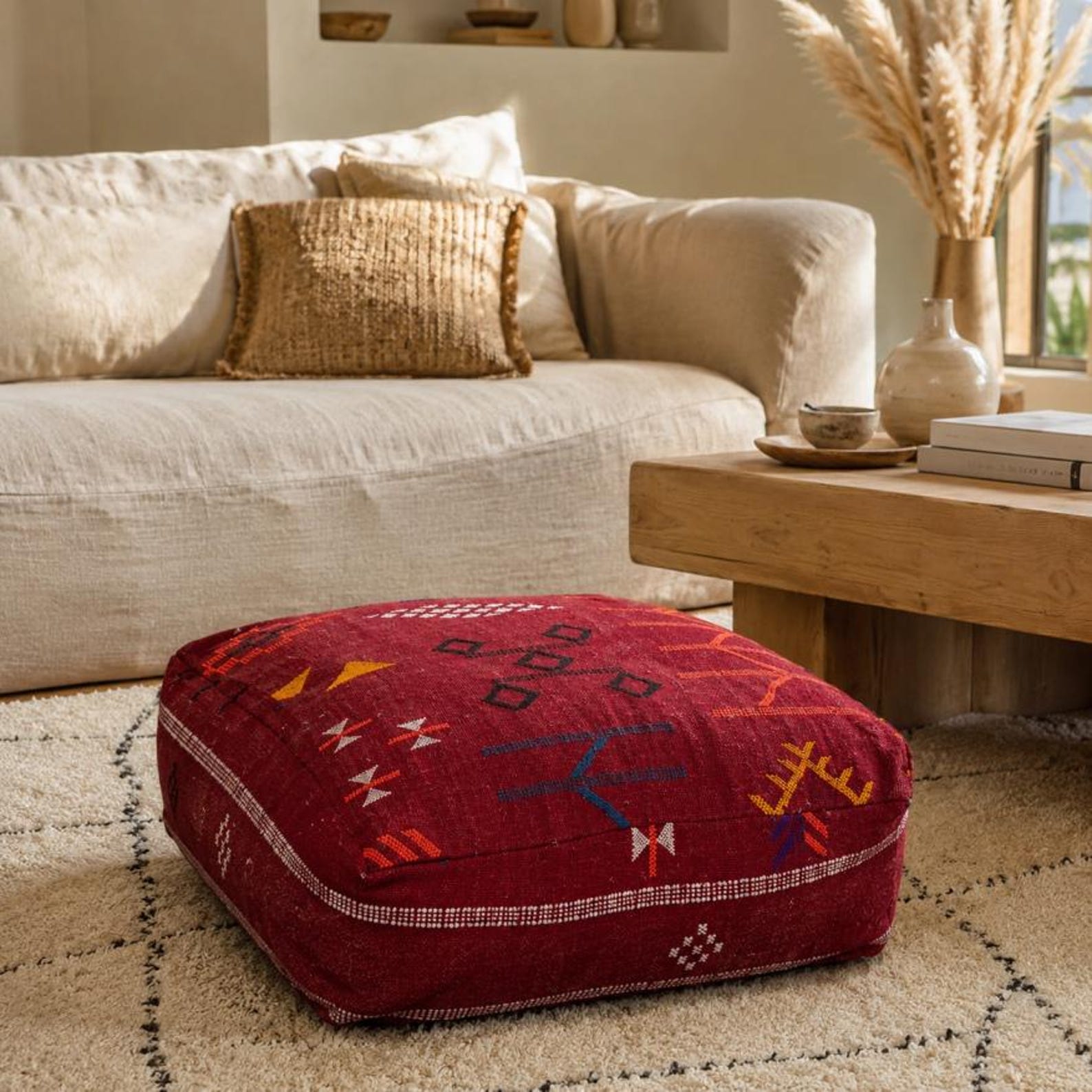 Berber Handmade Red Kilim Boho Square Floor Pouf