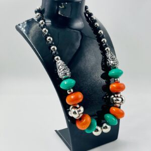 Amazigh Orange Green Resin Beads Silver Accents Necklace