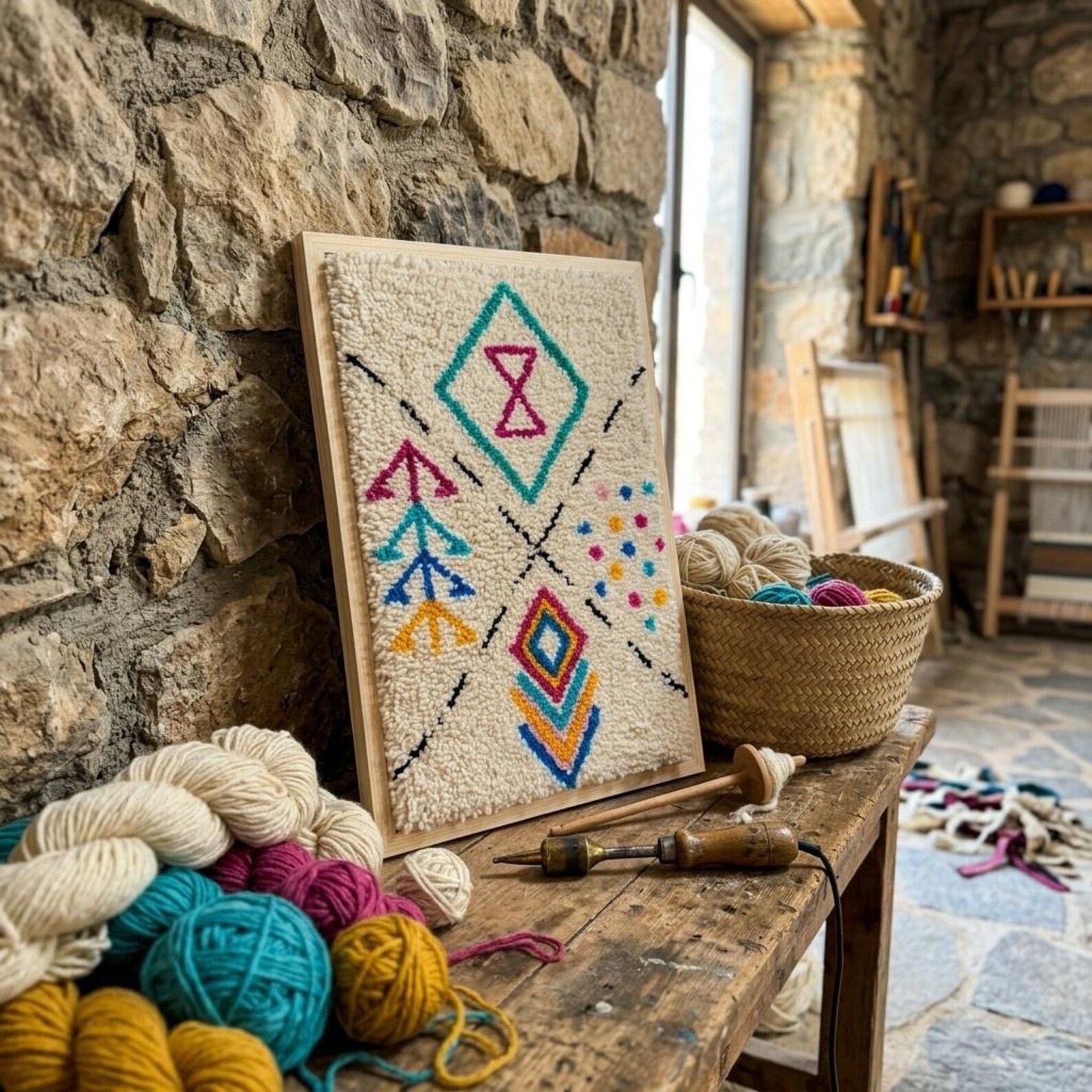 Berber Hand Knotted Symbol Wool Tapestry Wall Art