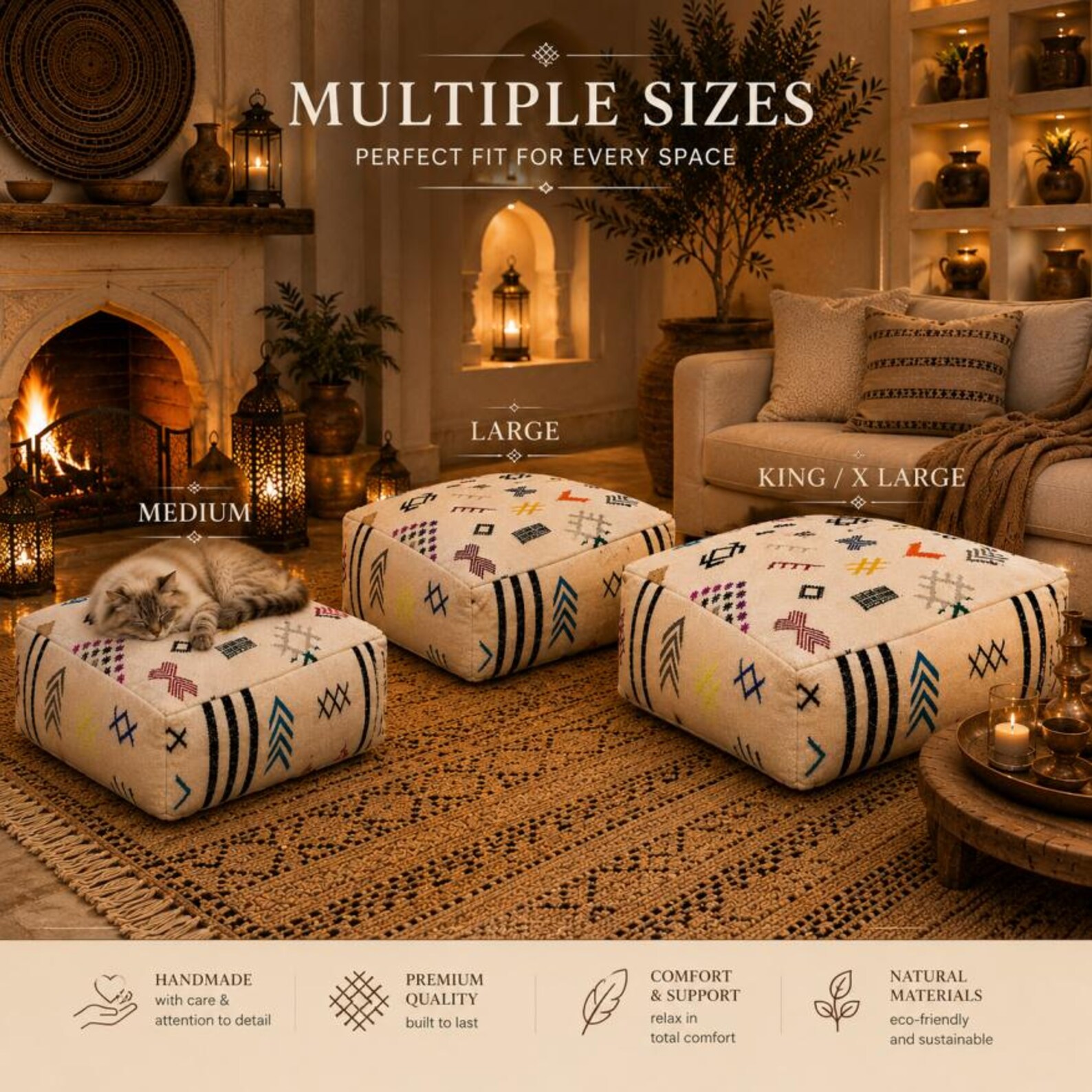 Berber Embroidered Boho Floor Cushion Colorful Tribal Pouf