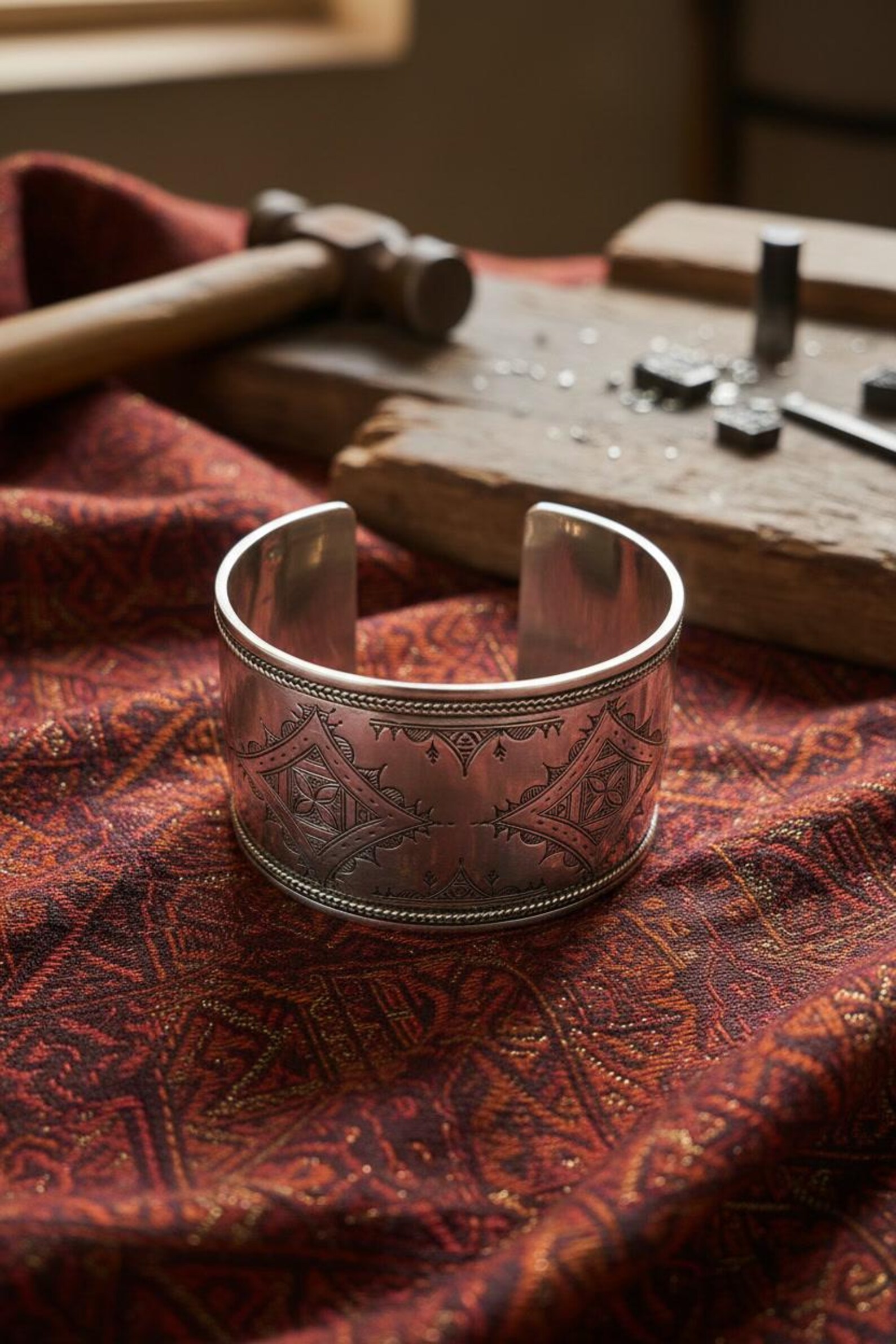 Berber Silver Cuff Handmade Traditional Engraved Wide Bracelet