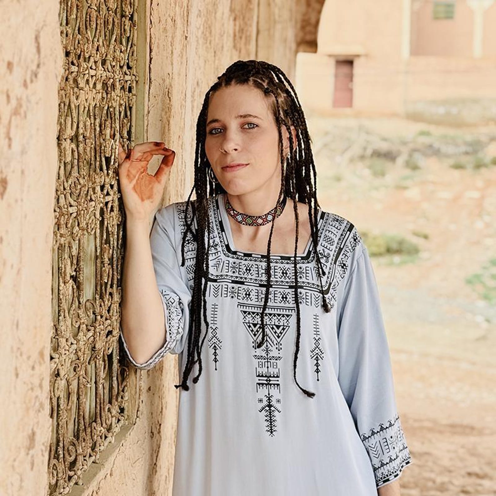 Berber Maxi Dress Handmade Screen Printed Symbol Kaftan