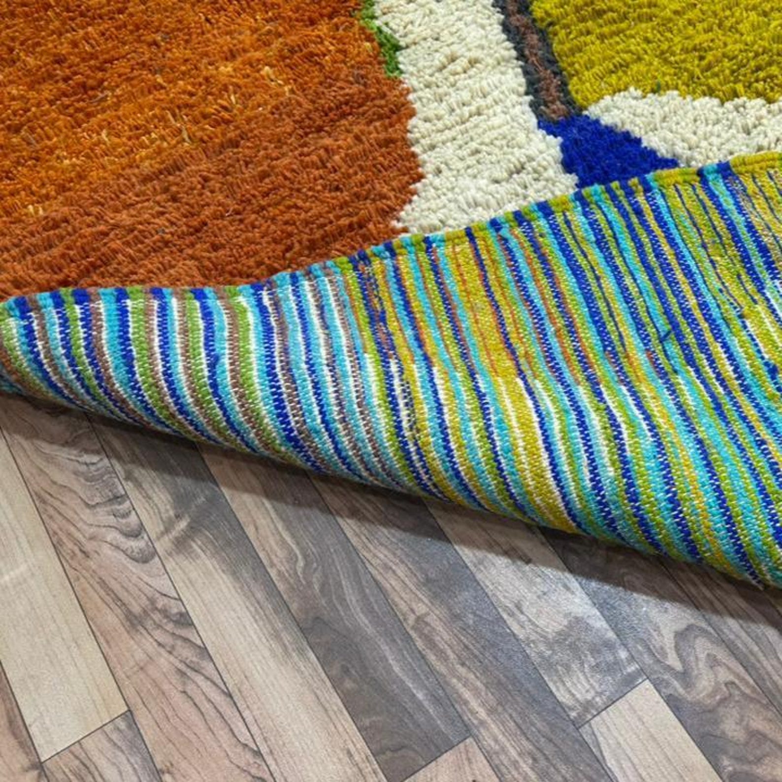 Amazigh Berber Terracotta Blue Handwoven Natural Wool Modern Rug