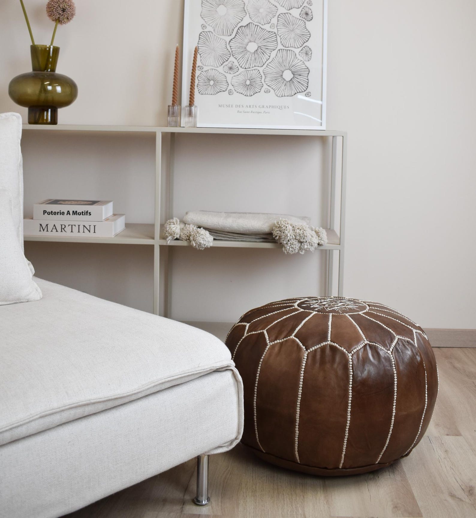 Amazigh Artisanal Leather Handmade Delivered stuffed Ottoman Pouf