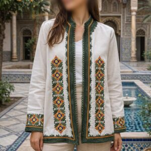 Amazigh Handmade Linen Kimono Embroidered Trim Jacket for Everyday Personal Clothing Styling