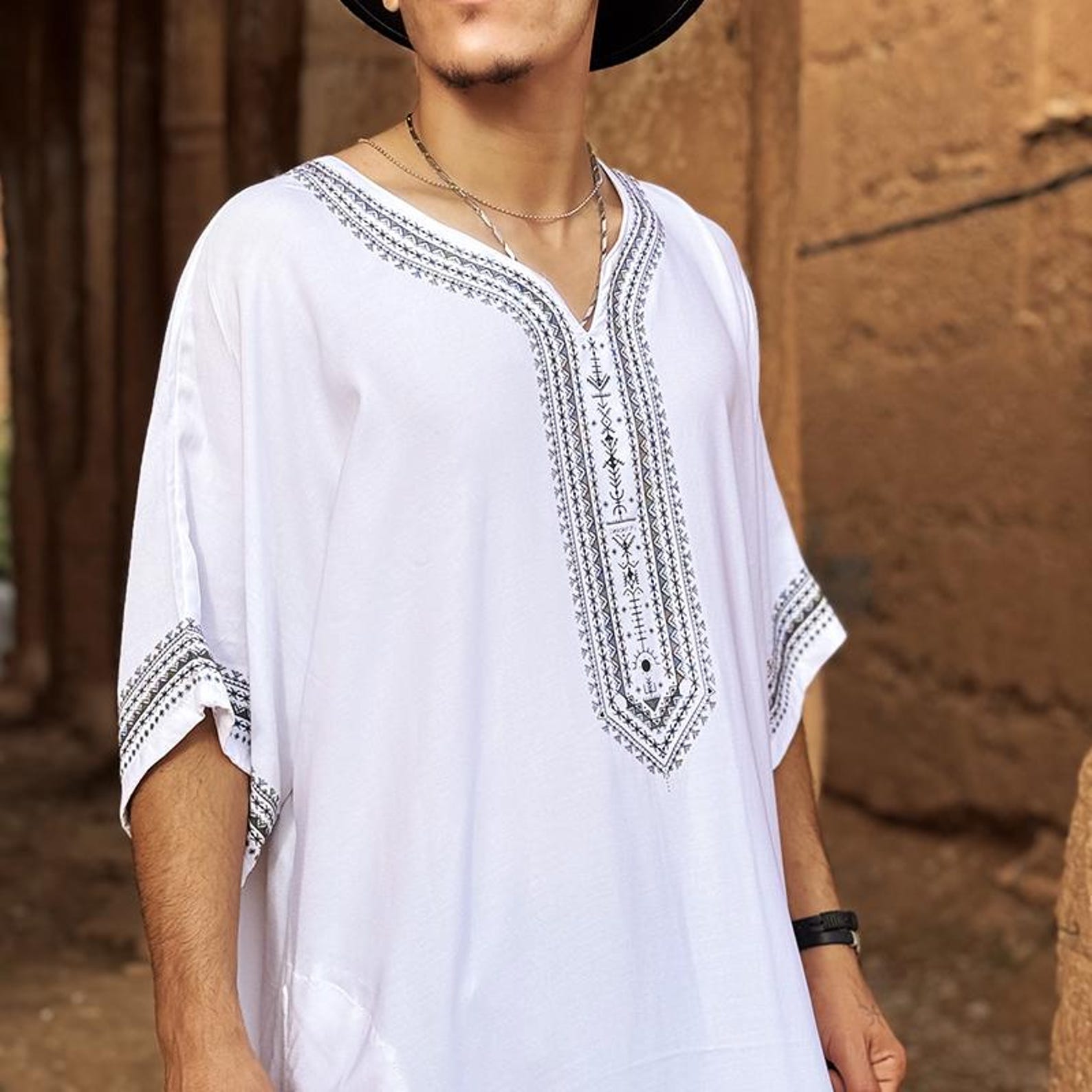 Berber Men Handmade Cotton Screen Printed Gandora Kaftan