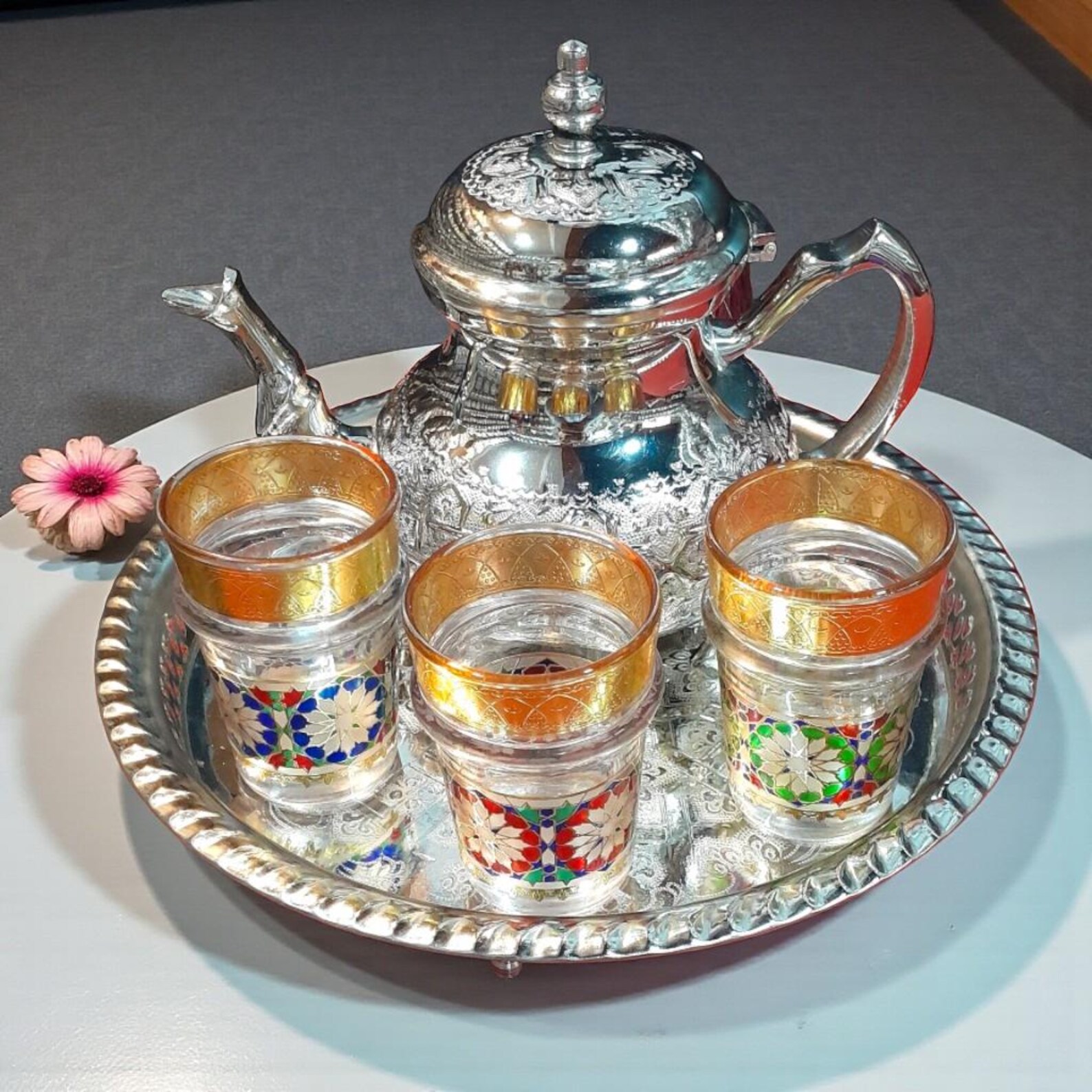 Amazigh Handmade Tea Set Glasses Silver Teapot Tray