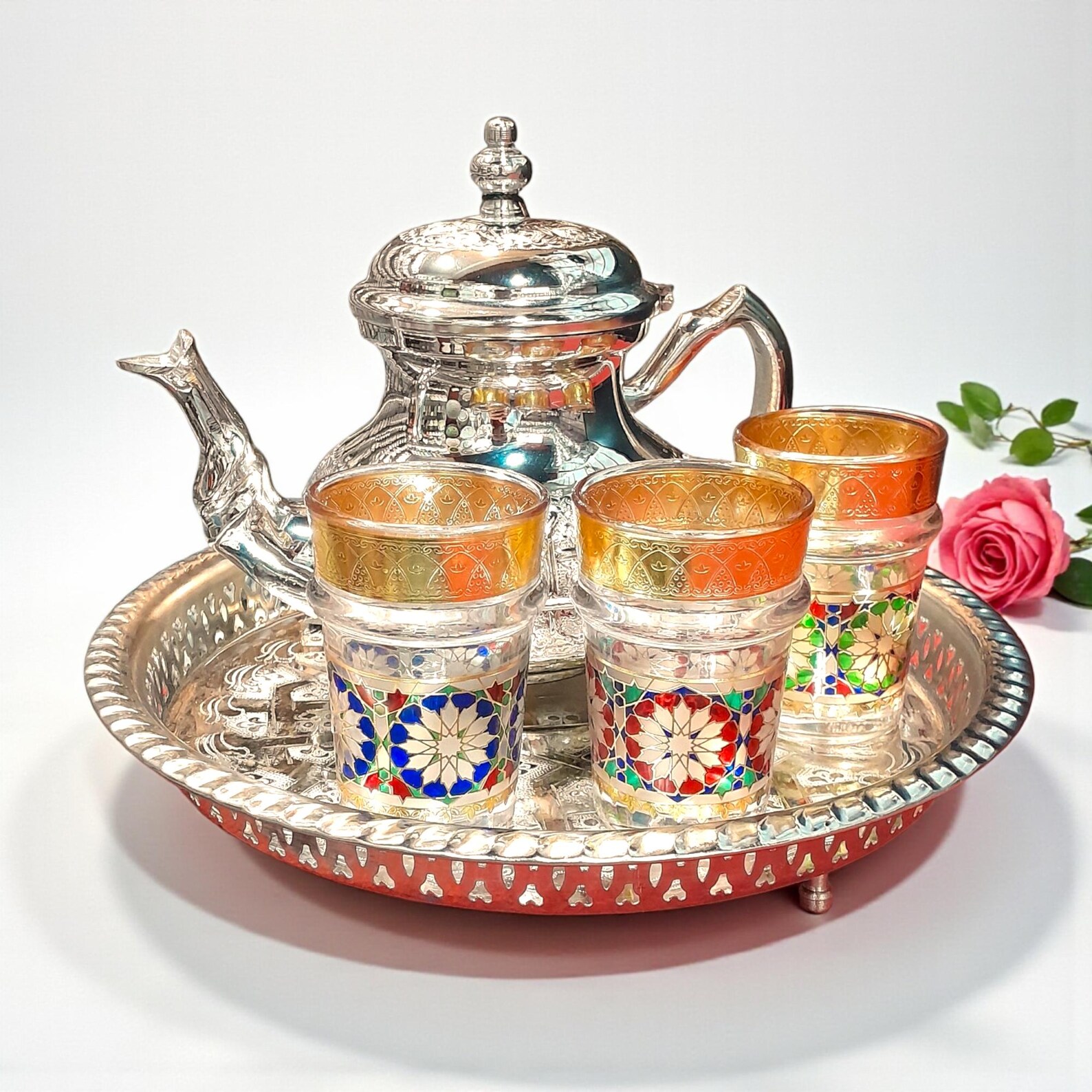 Amazigh Handmade Tea Set Glasses Silver Teapot Tray