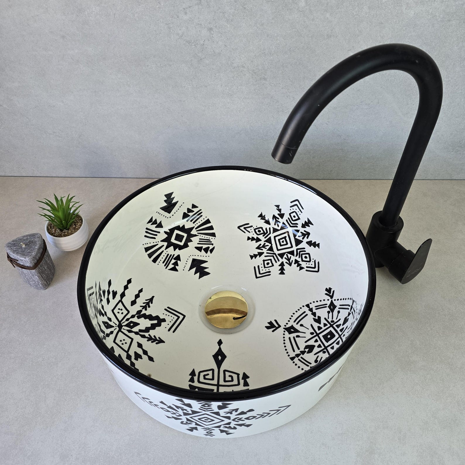 Berber Ceramic Sink with Symbols Artisan Ceramic Piece