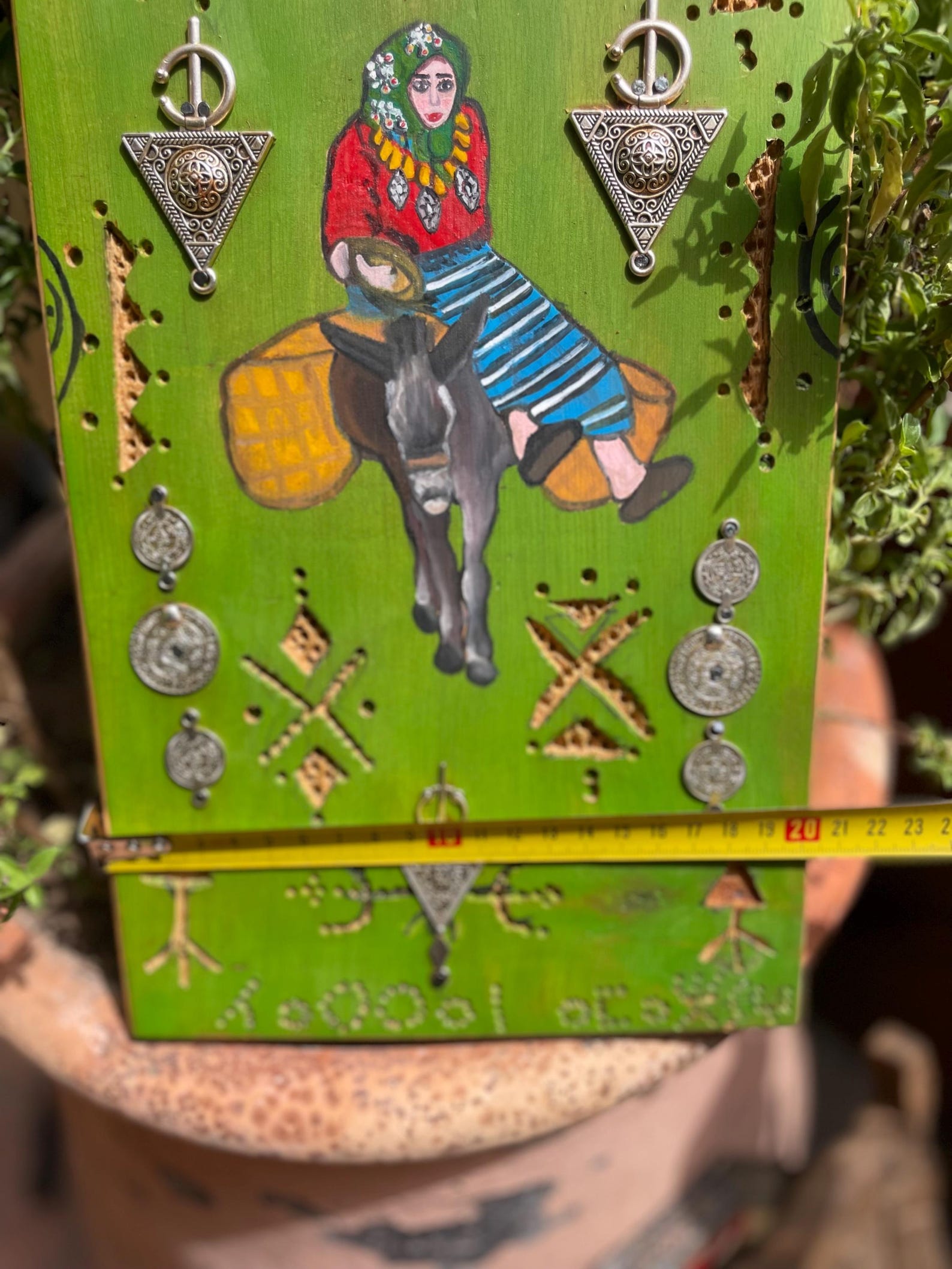 Berber Hand-Painted Wooden Donkey Market Scene Wall Art