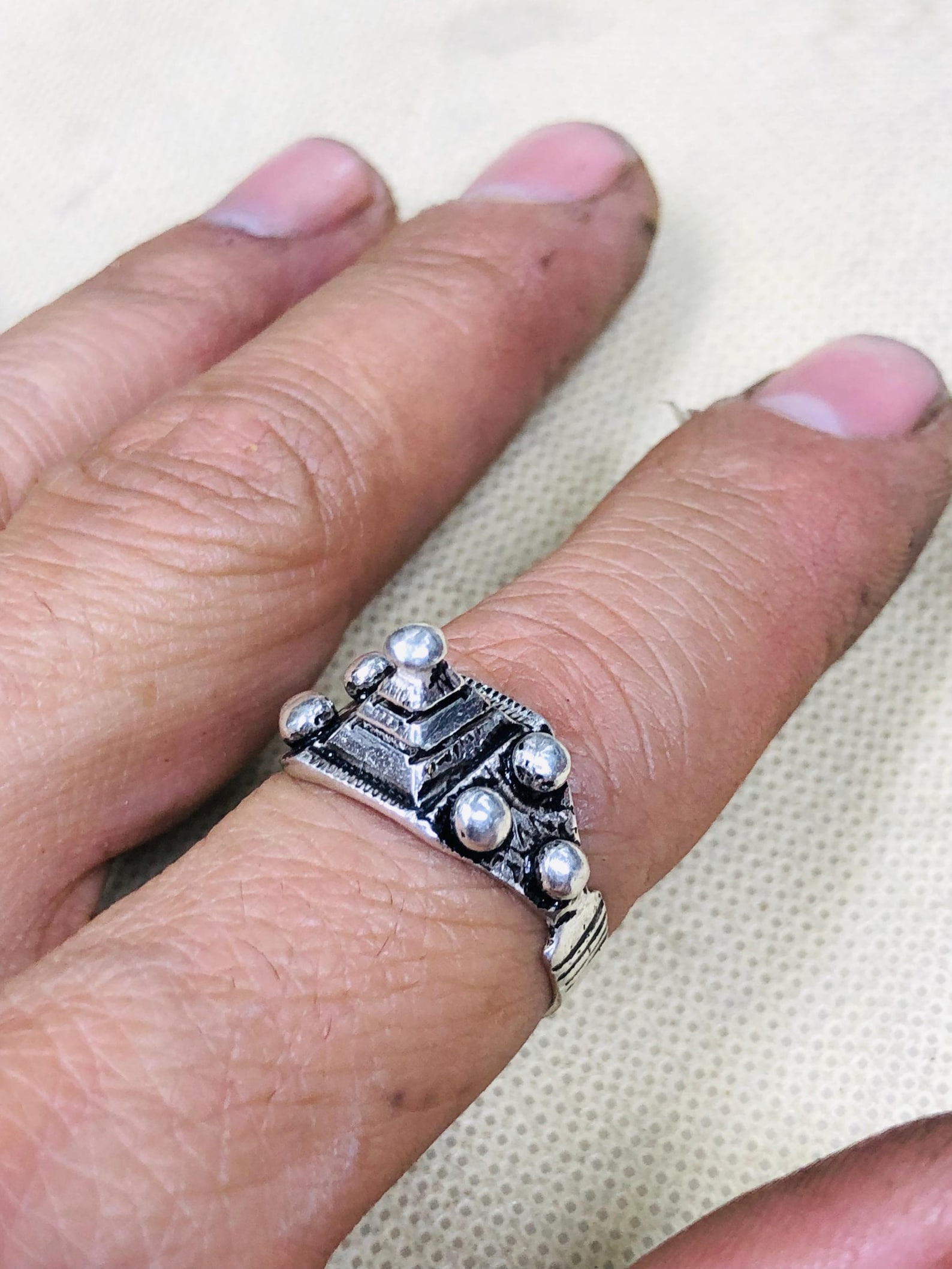 Handmade Amazigh Berber Solid Silver Geometric Pyramid Cone Ring