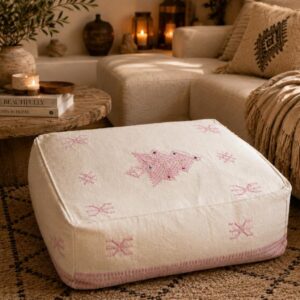 Berber Square Floor Pink Boho Cream Embroidered Pouf